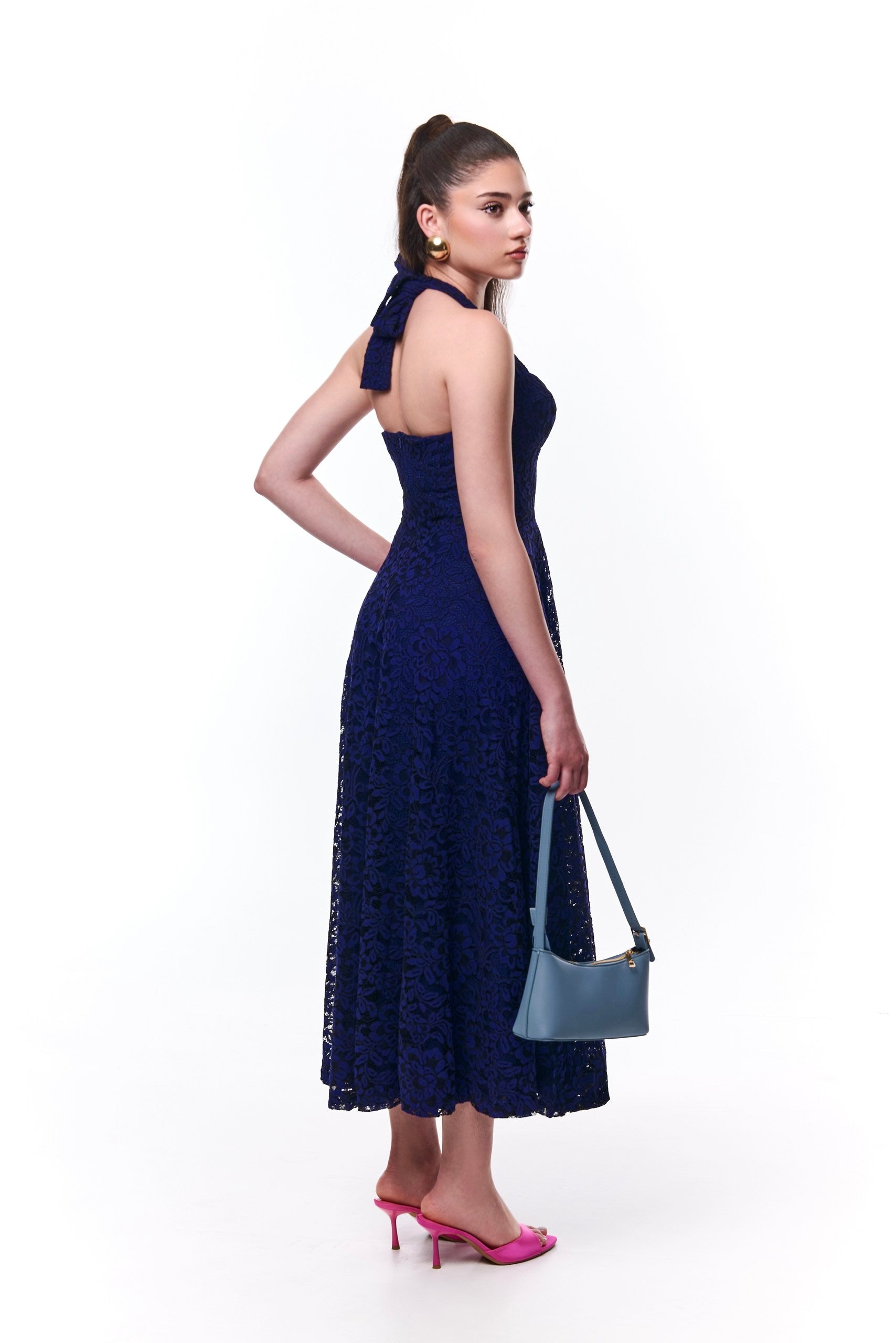 Ashley Lace tie Midi Dress In Blue
