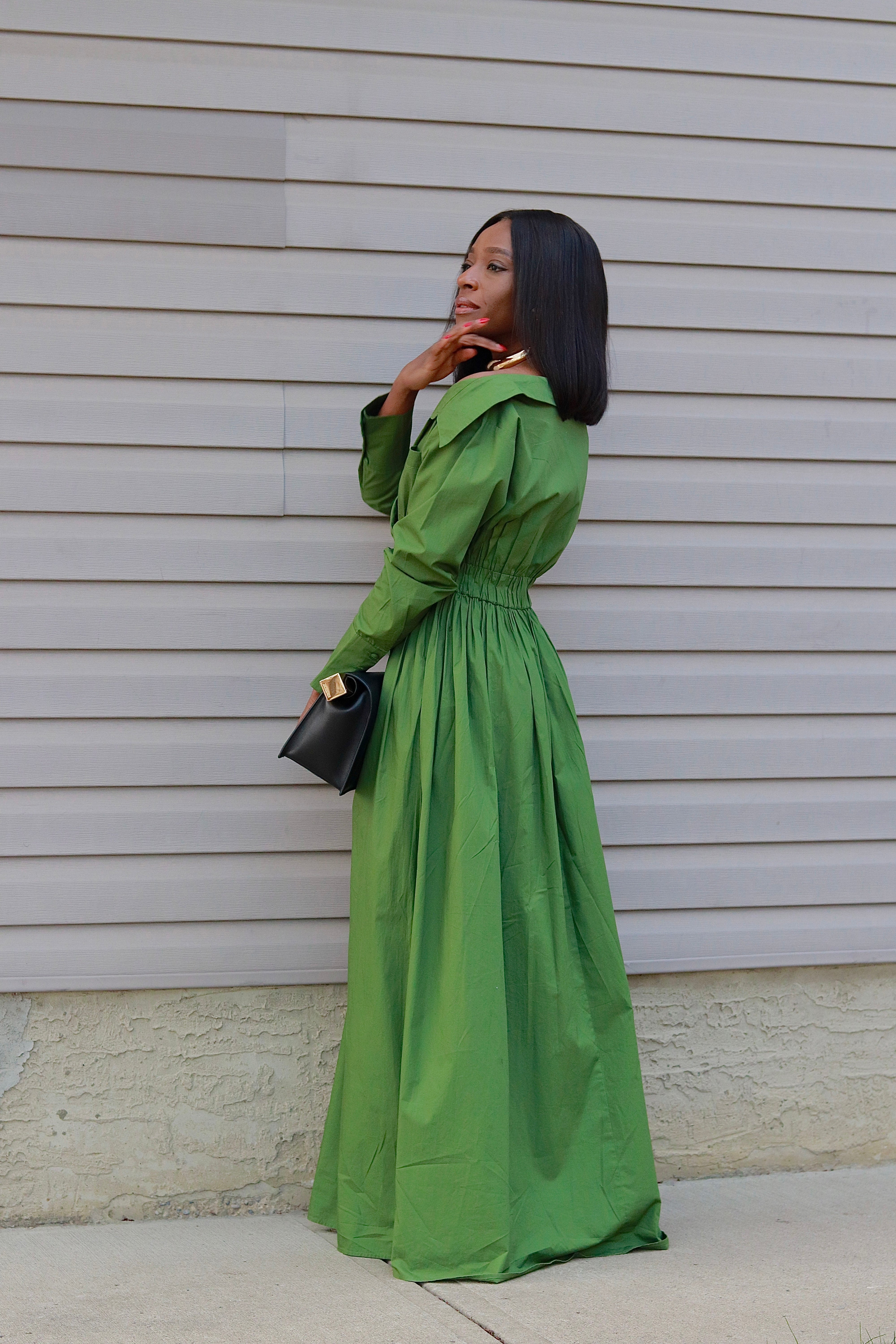 Ada Off Shoulder Cotton Maxi Length Shirt Dress- Green