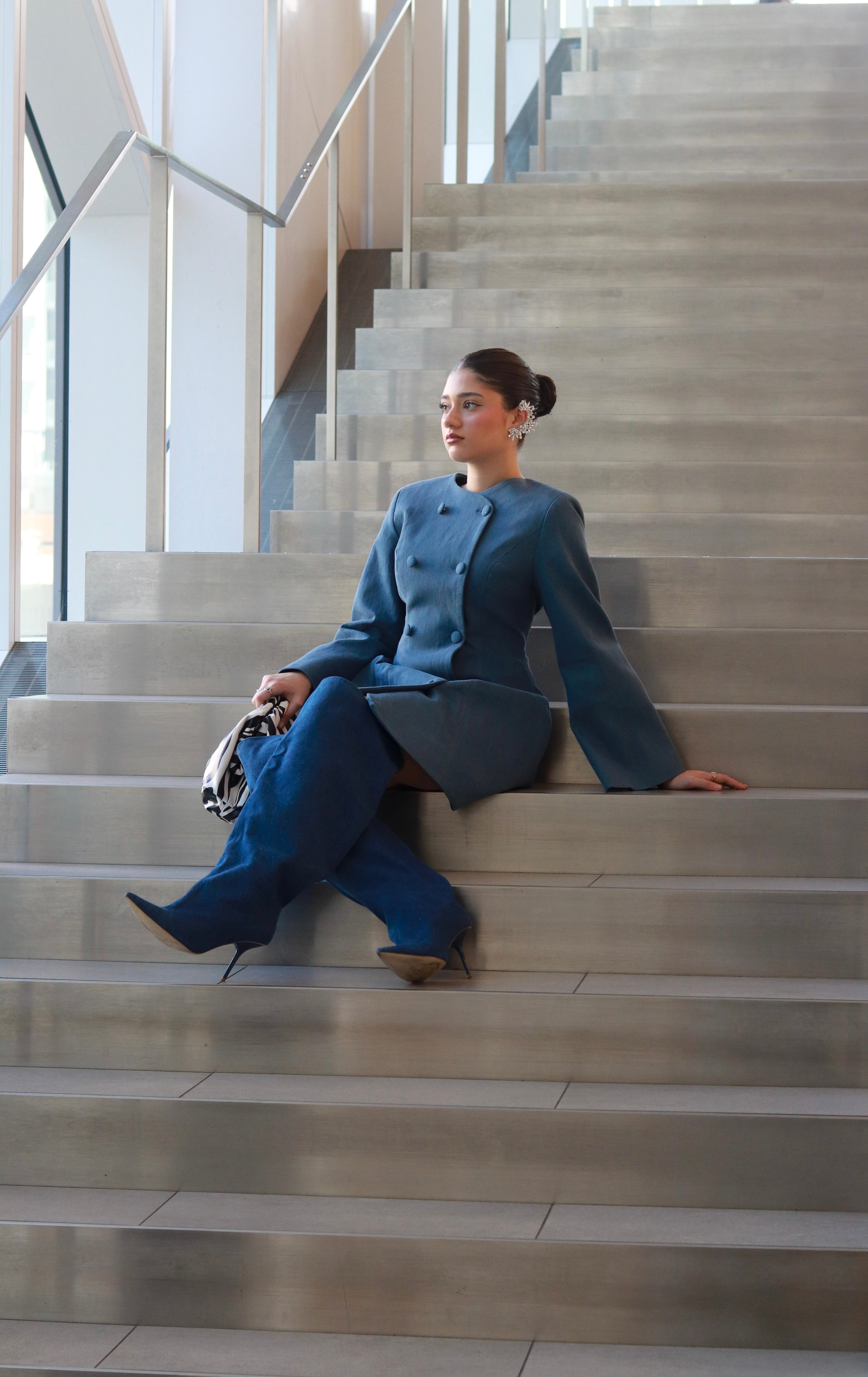 Toni Mini Denim Flared Sleeve Dress In Blue