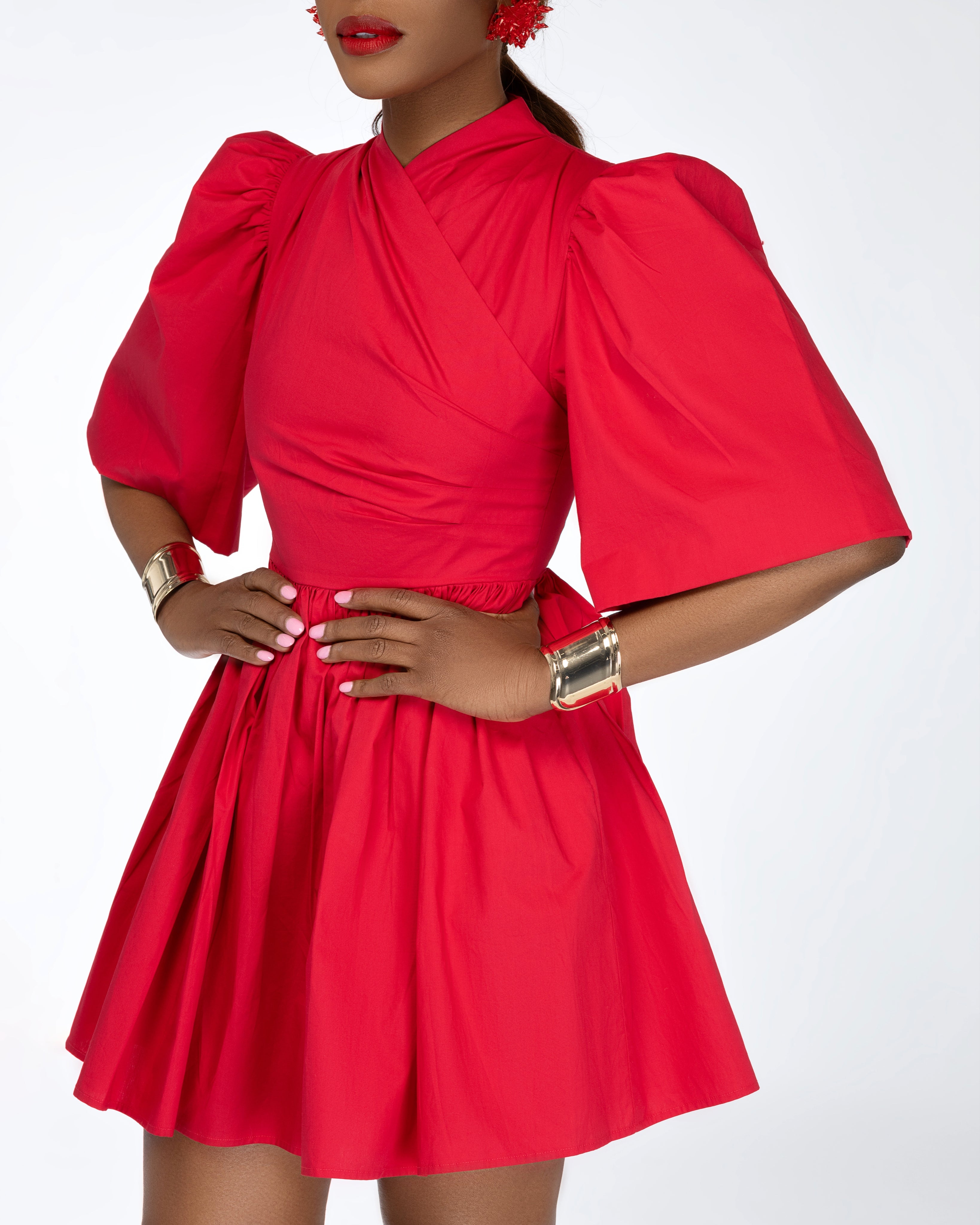 Gozi exaggerated sleeve Cotton Mini Dress In Red