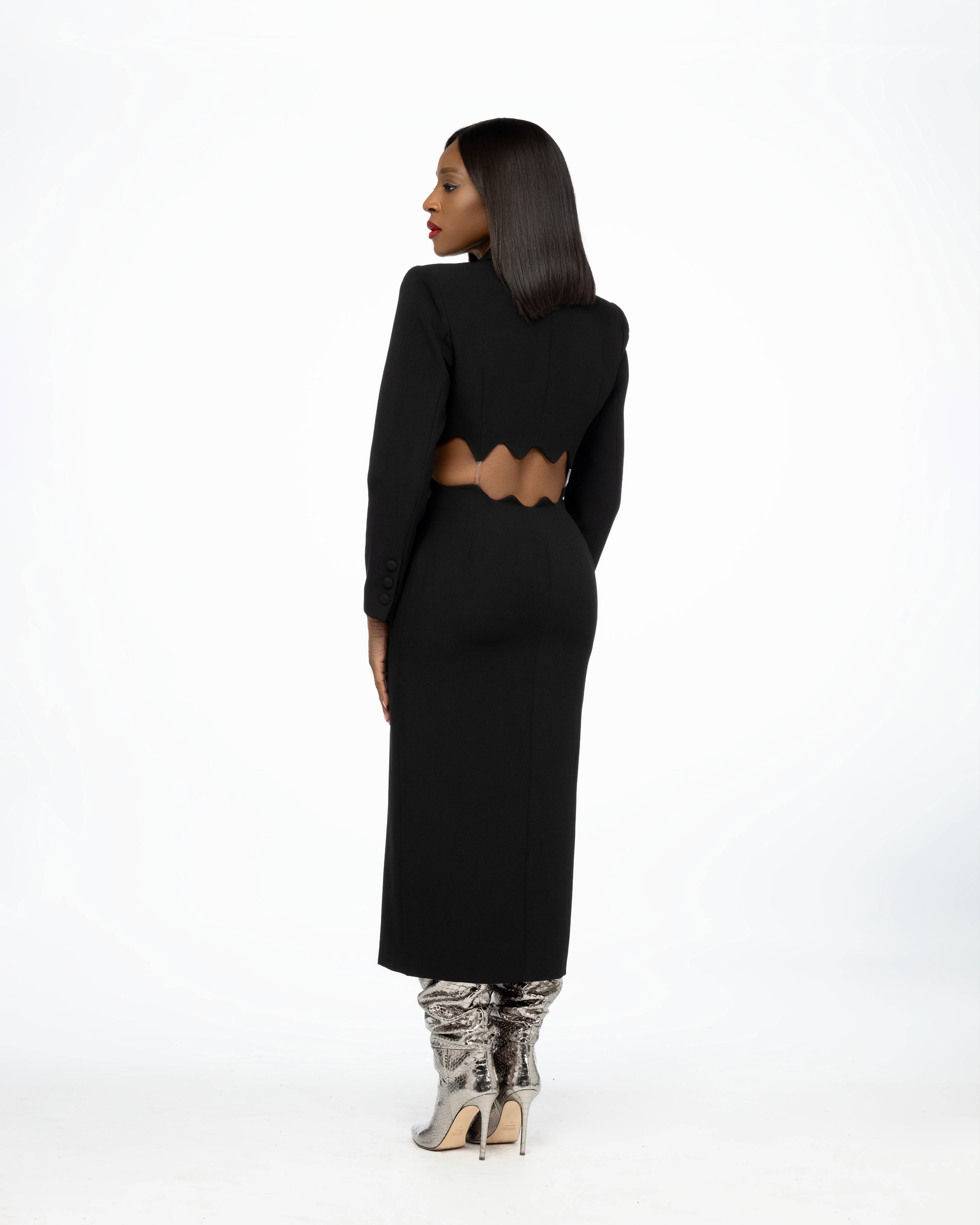 Imane Scallop Crepe Cut Out Midi Dress In Black