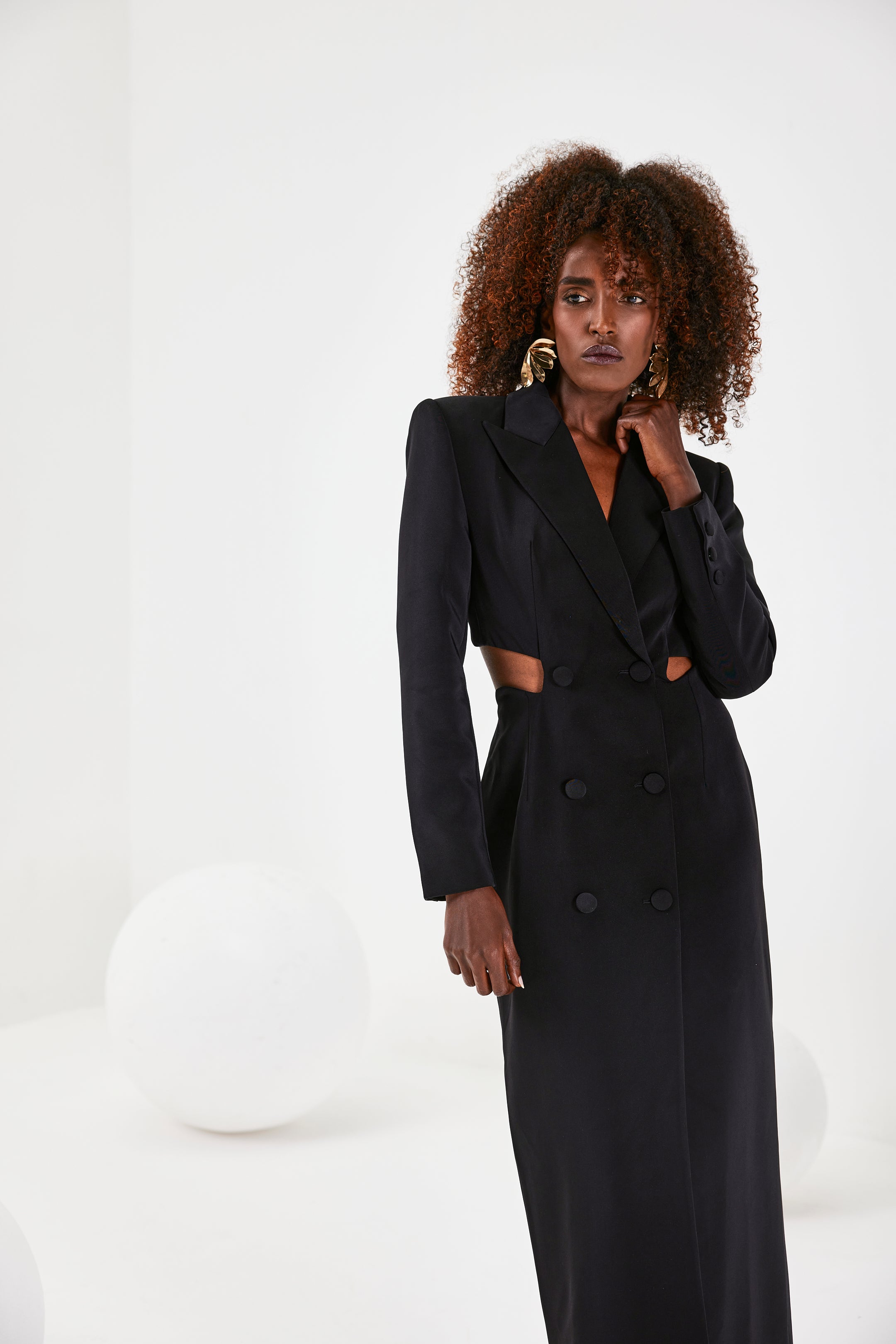 Imane Scallop Crepe Cut Out Midi Dress In Black