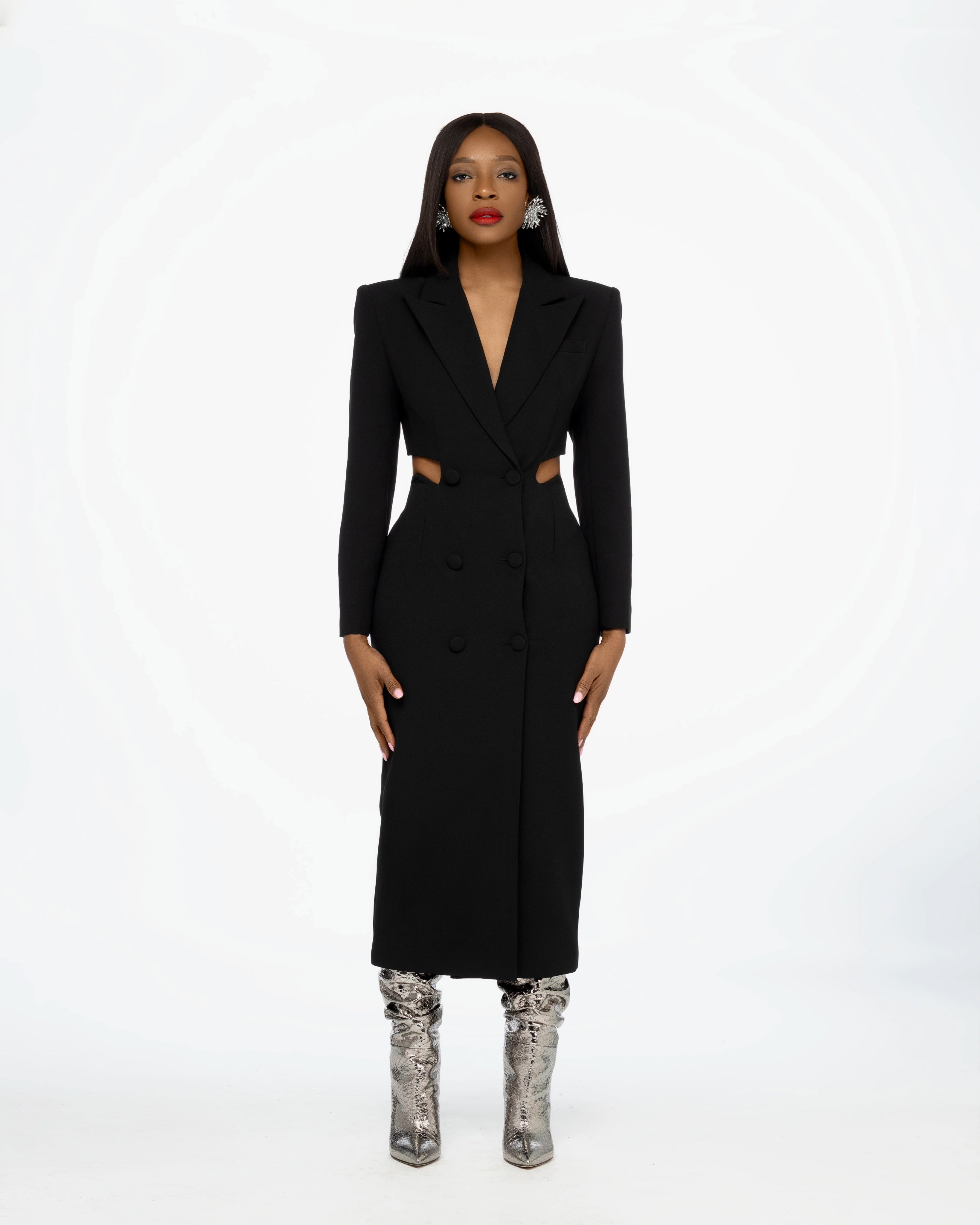 Imane Scallop Crepe Cut Out Midi Dress In Black