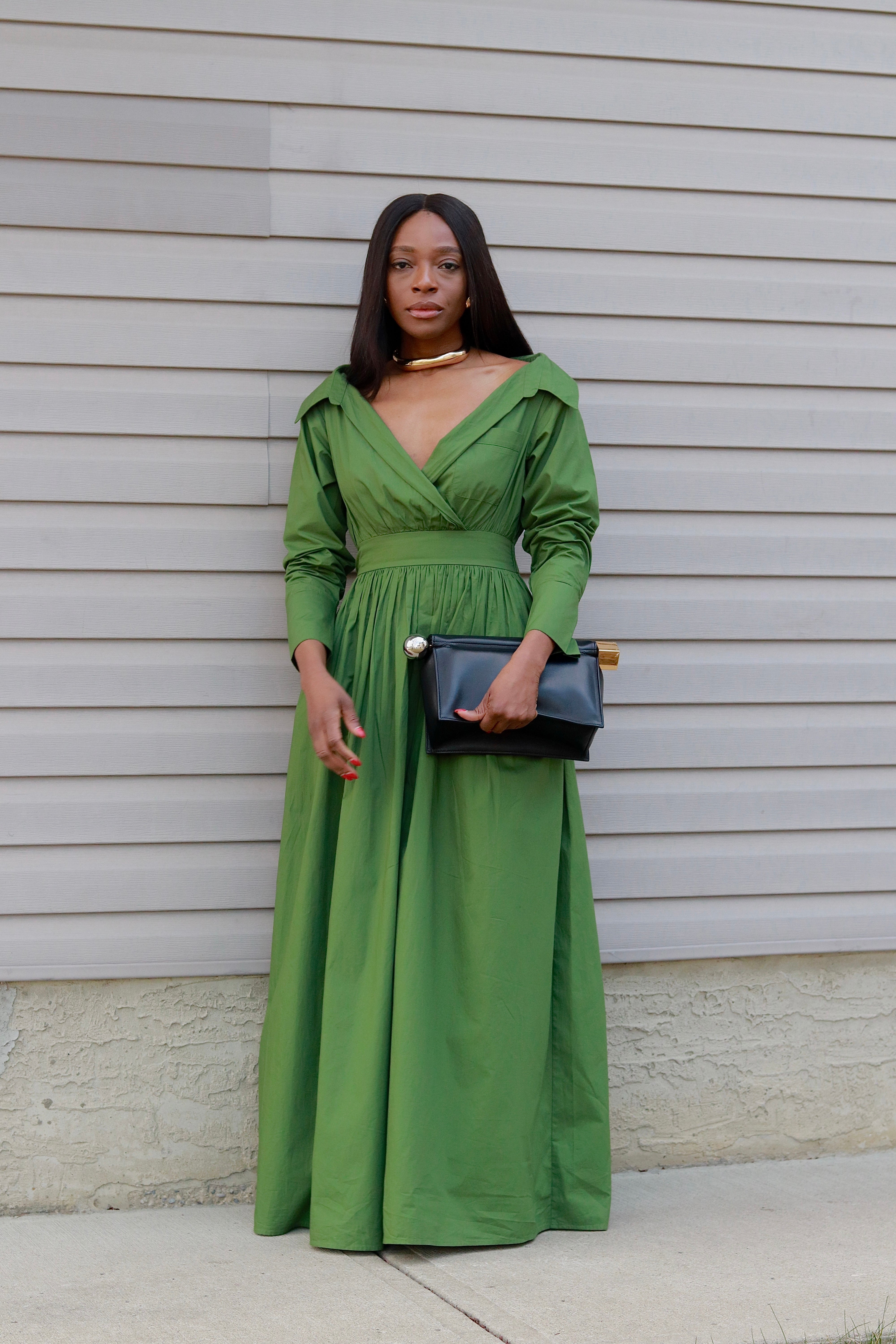 Ada Off Shoulder Cotton Maxi Length Shirt Dress- Green