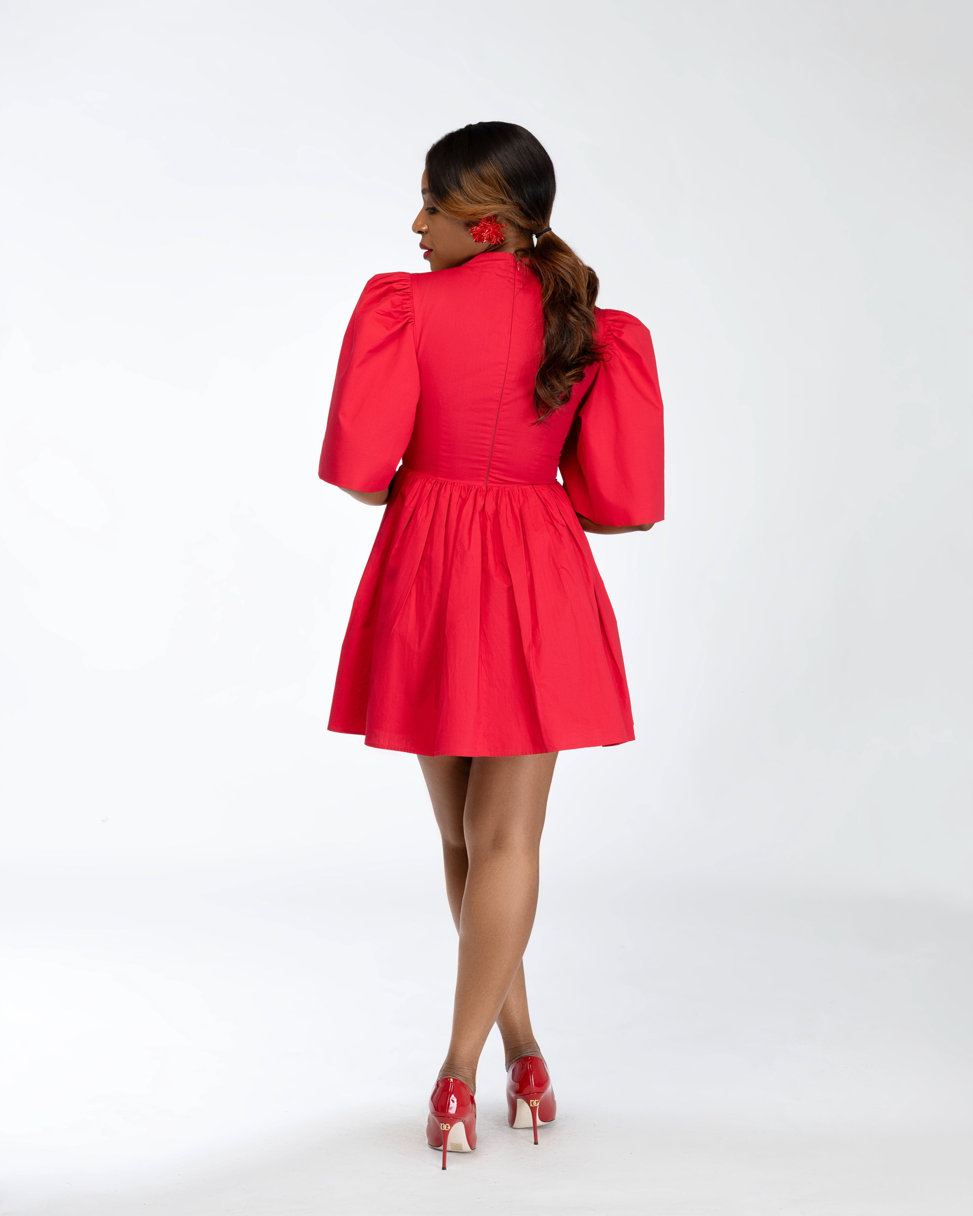 Gozi exaggerated sleeve Cotton Mini Dress In Red