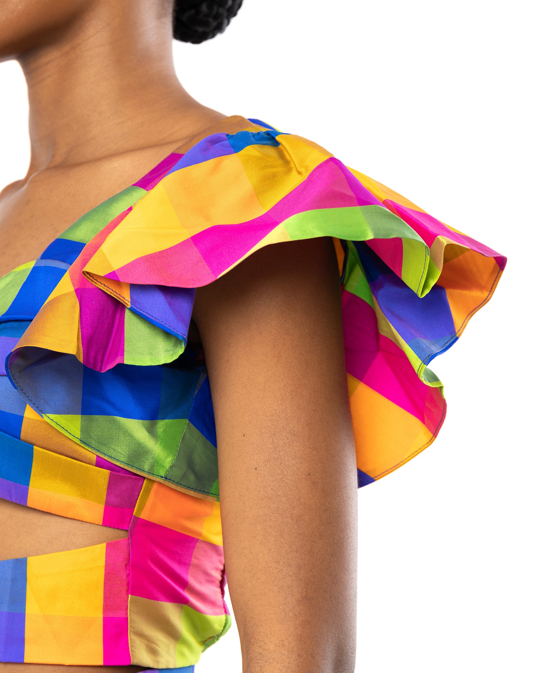 Pali Check Gingham Multi Color Cut-Out Blouse