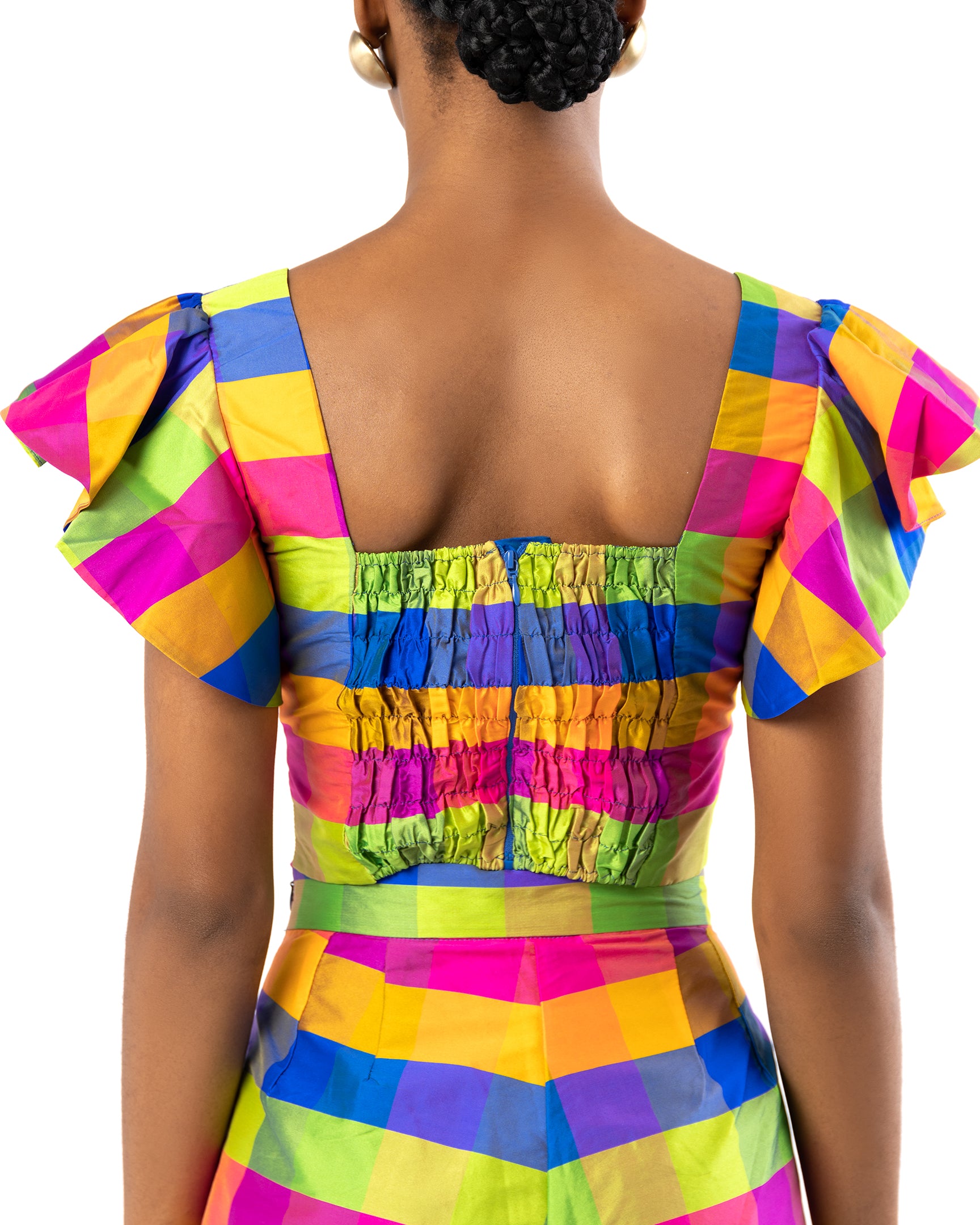 Pali Check Gingham Multi Color Cut-Out Blouse
