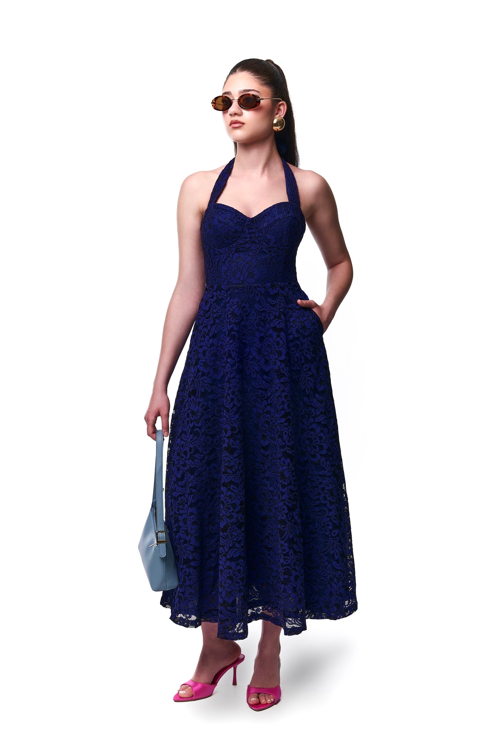 Ashley Lace tie Midi Dress In Blue