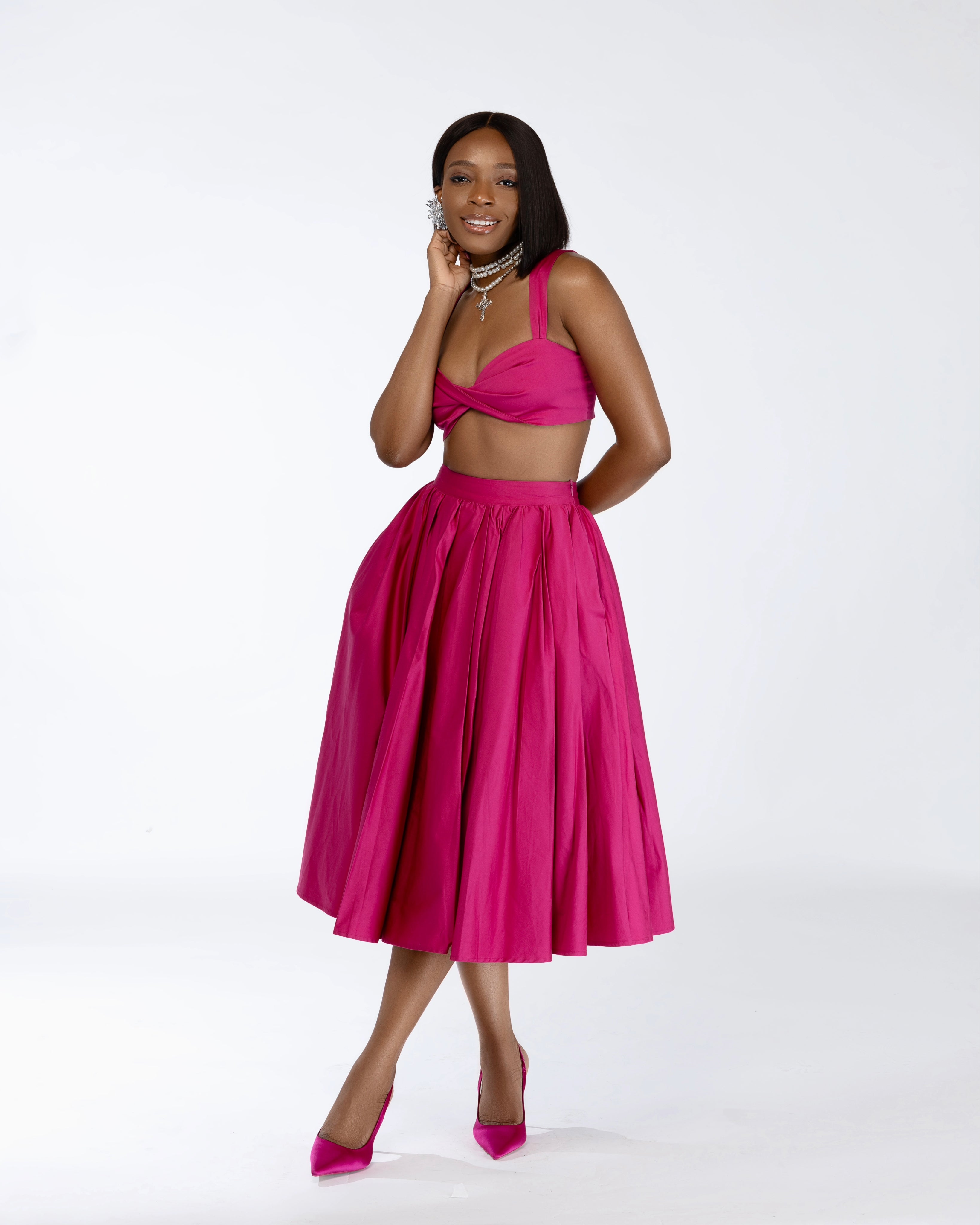 Shantel Crop Top & Midi Skirt Cotton Co-ord In Pink
