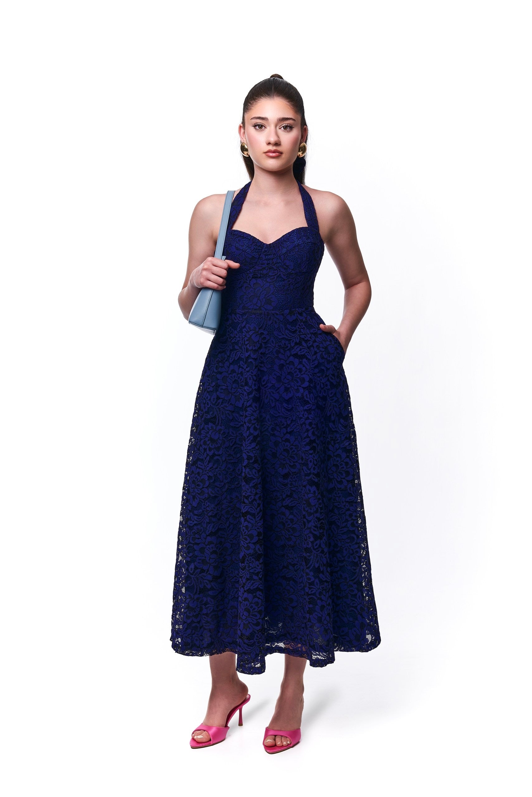 Ashley Lace tie Midi Dress In Blue