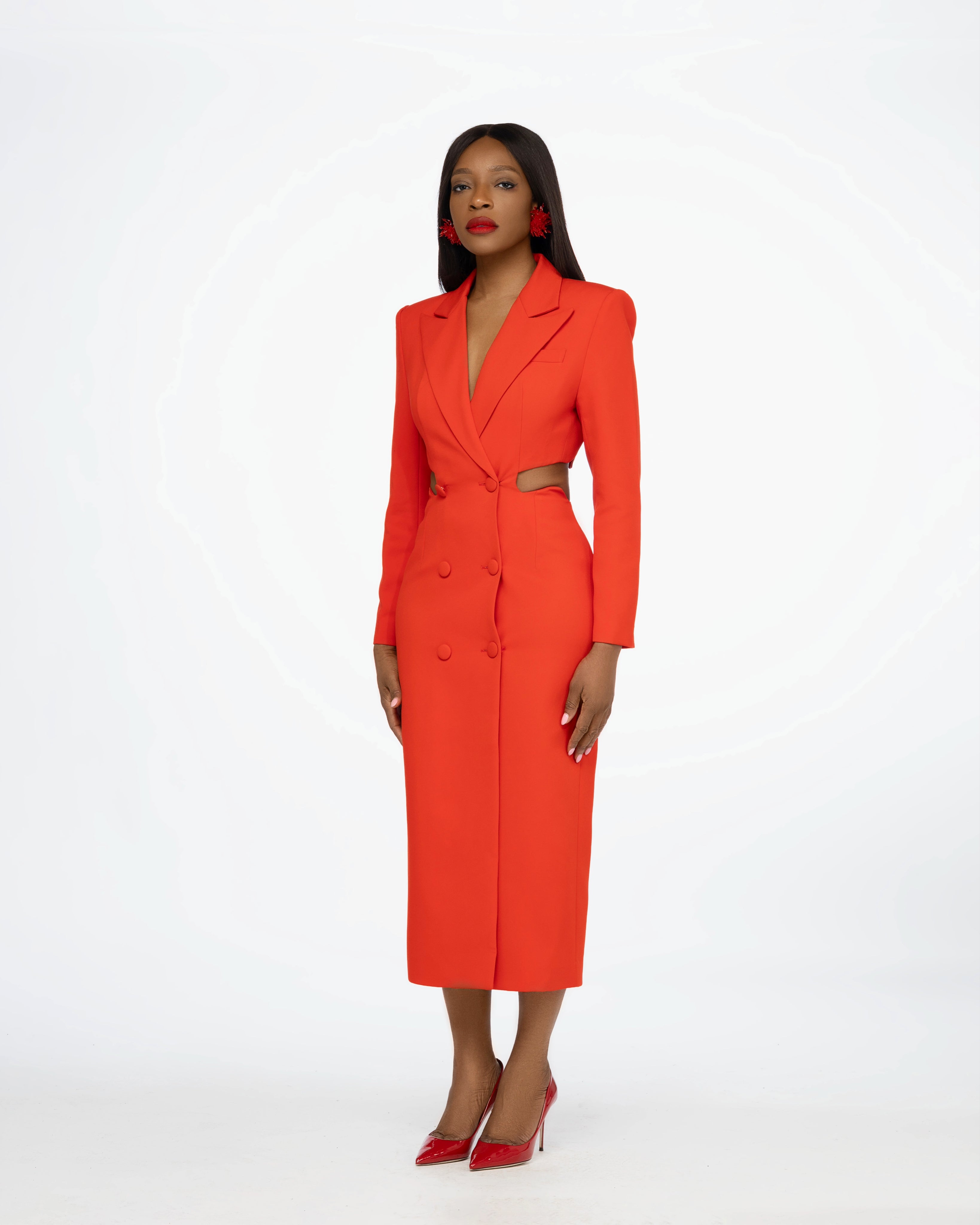 Imane Scallop Crepe Cut Out Midi Dress In Red