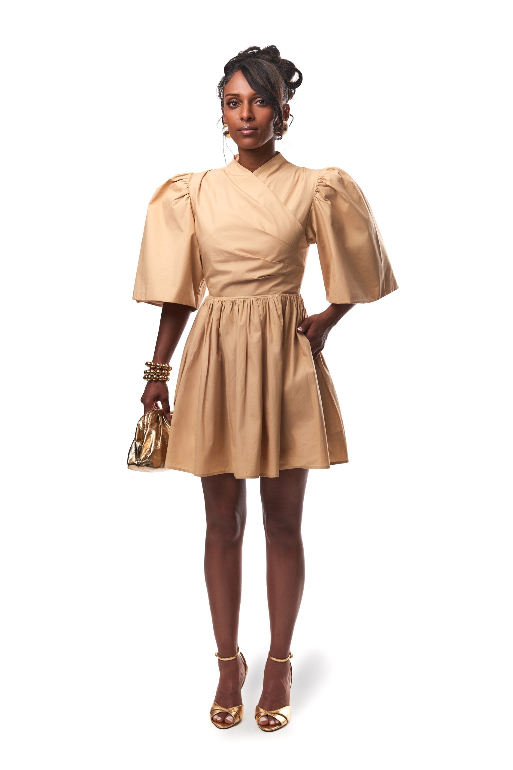 Gozi exaggerated sleeve Cotton Mini Dress In Oat