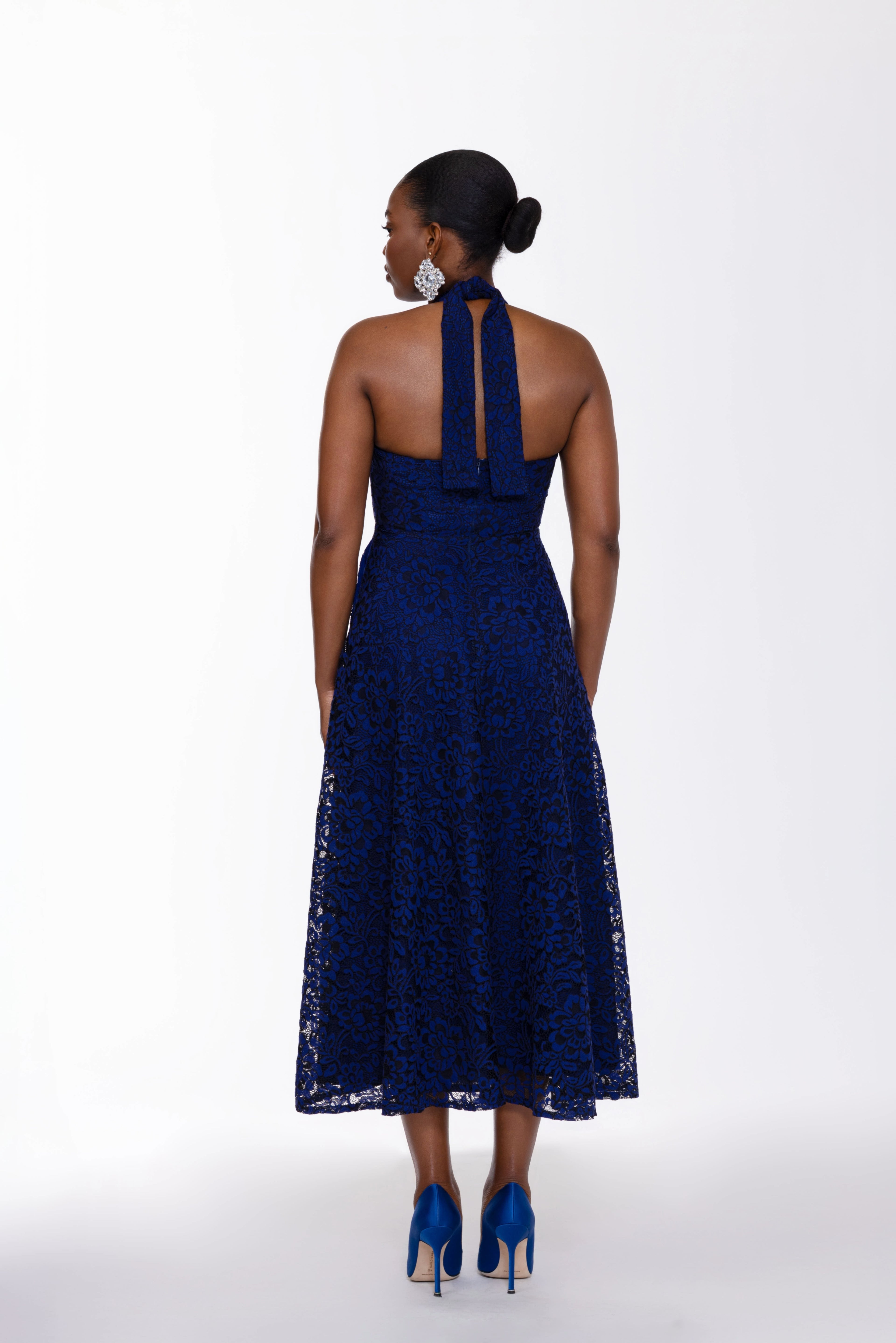 Ashley Lace tie Midi Dress In Blue