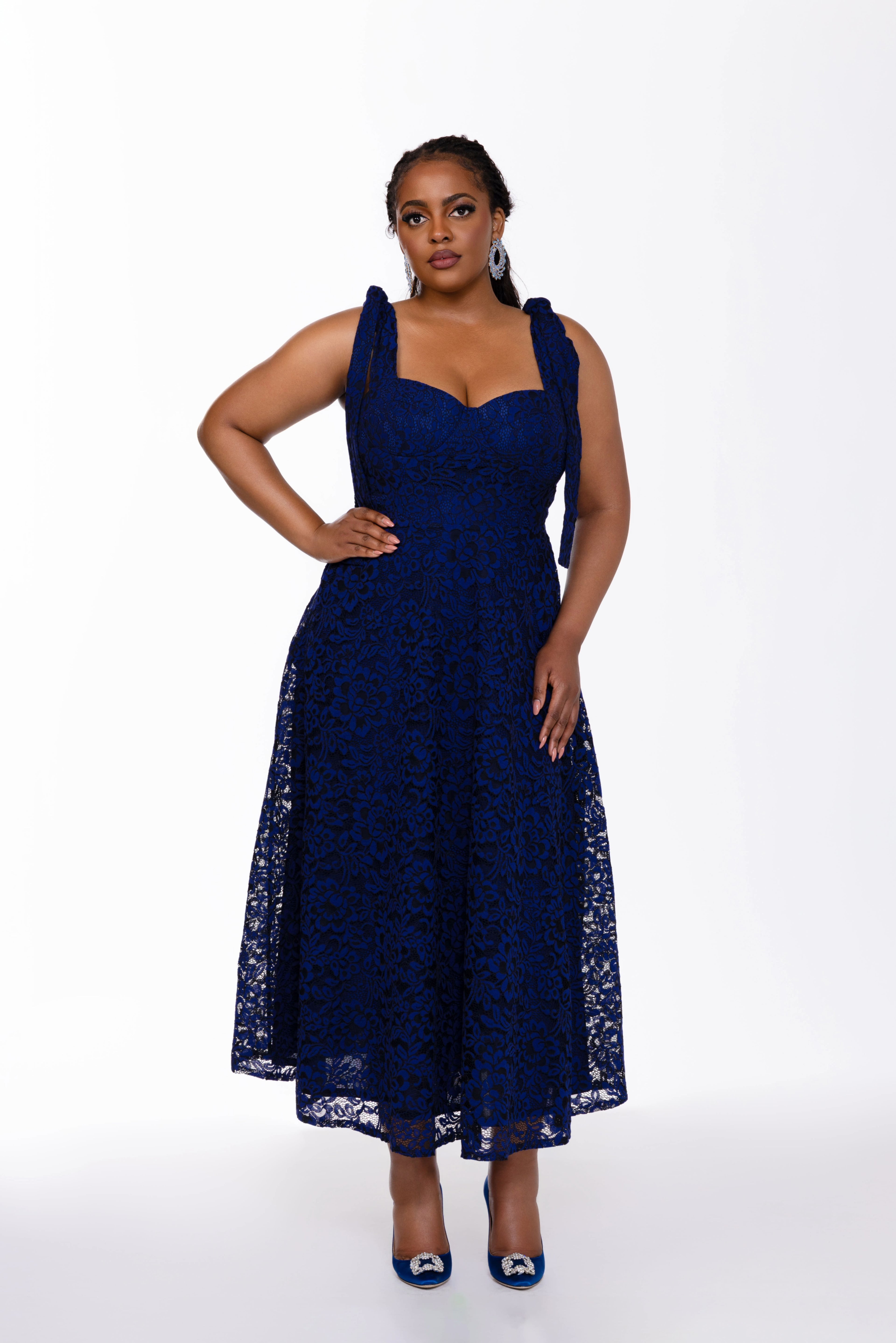 Ashley Lace tie Midi Dress In Blue