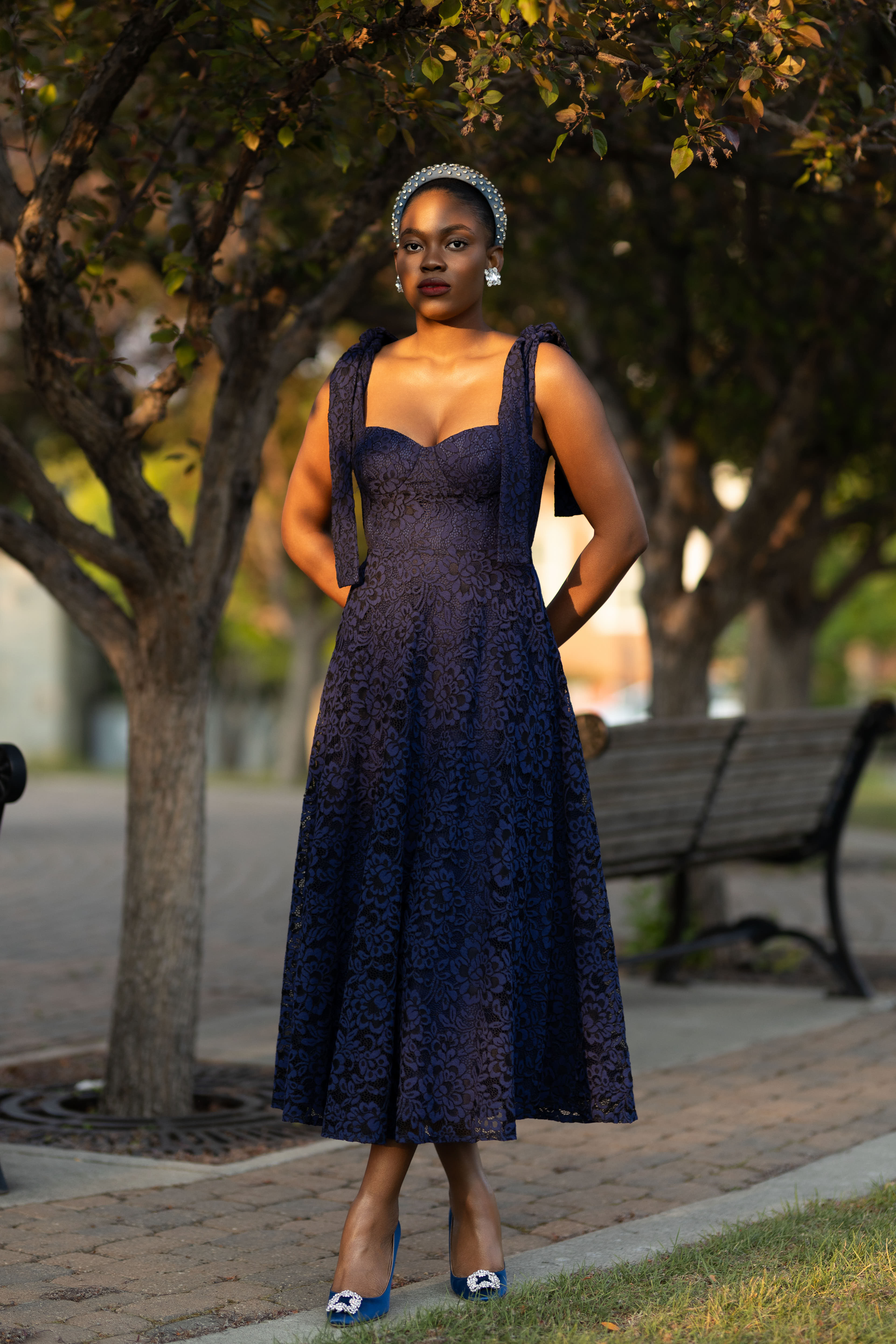 Ashley Lace tie Midi Dress In Blue