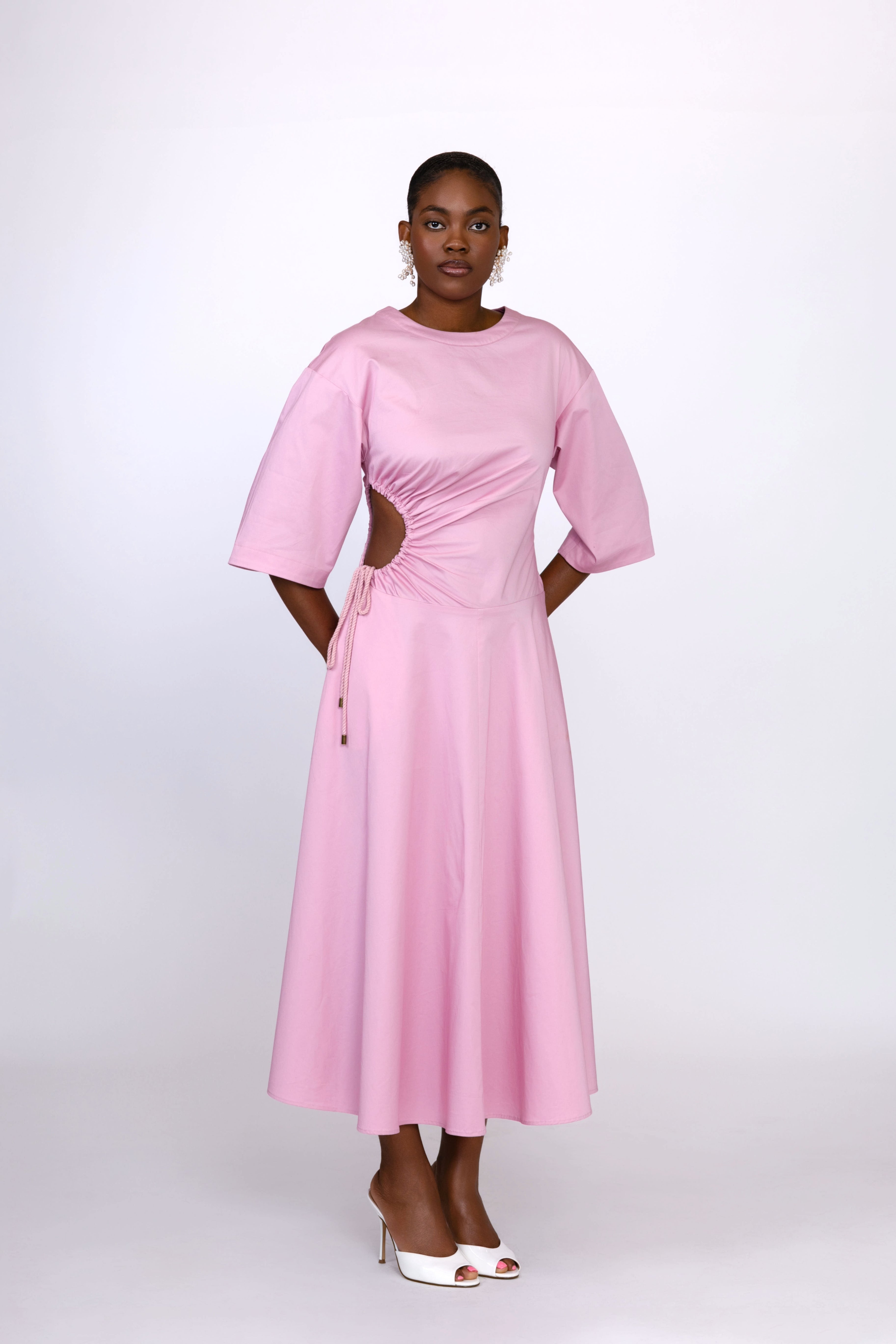 Amanda Cut Out Cotton Midi Dress In Pink