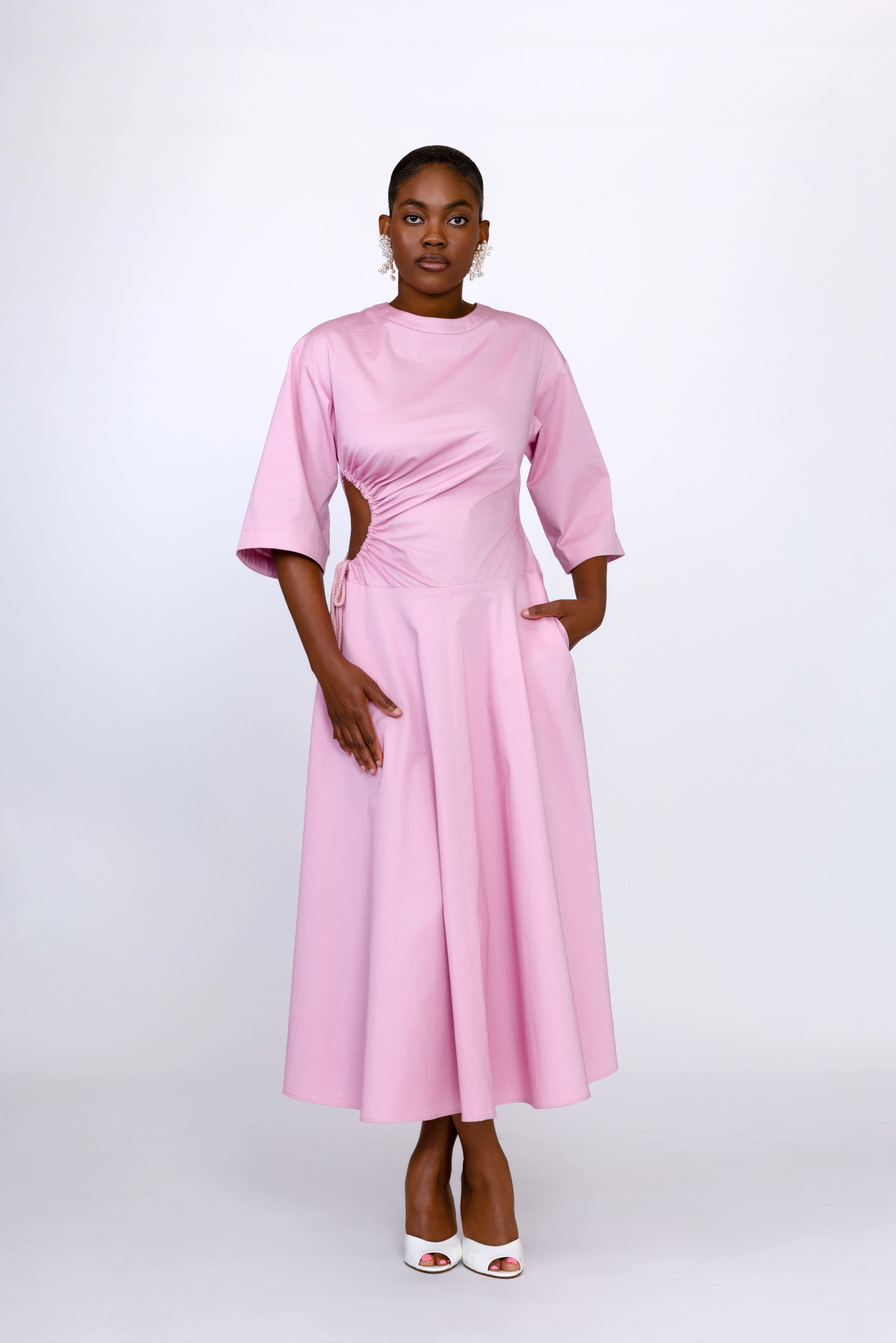 Amanda Cut Out Cotton Midi Dress In Pink