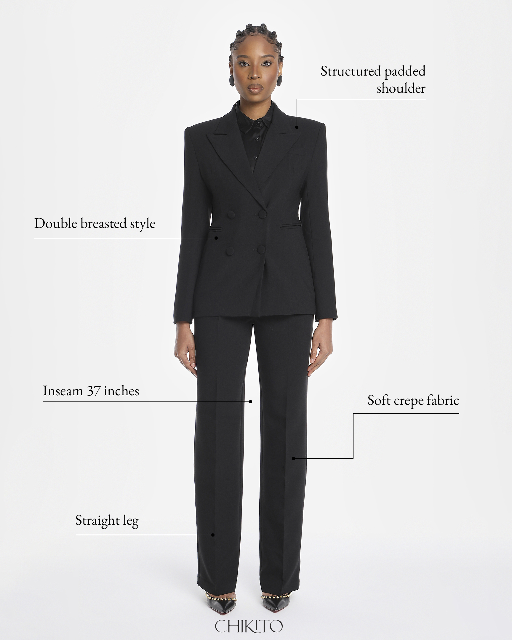 Chikito Crepe Double-Breasted Tailored Suit In Black (Blazer & Pants)