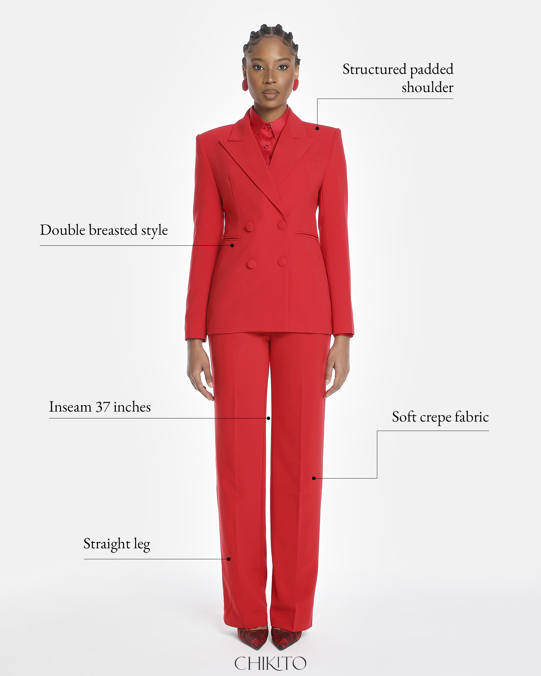 Chikito Crepe Double-Breasted Tailored Suit In Red (Blazer & Pants)