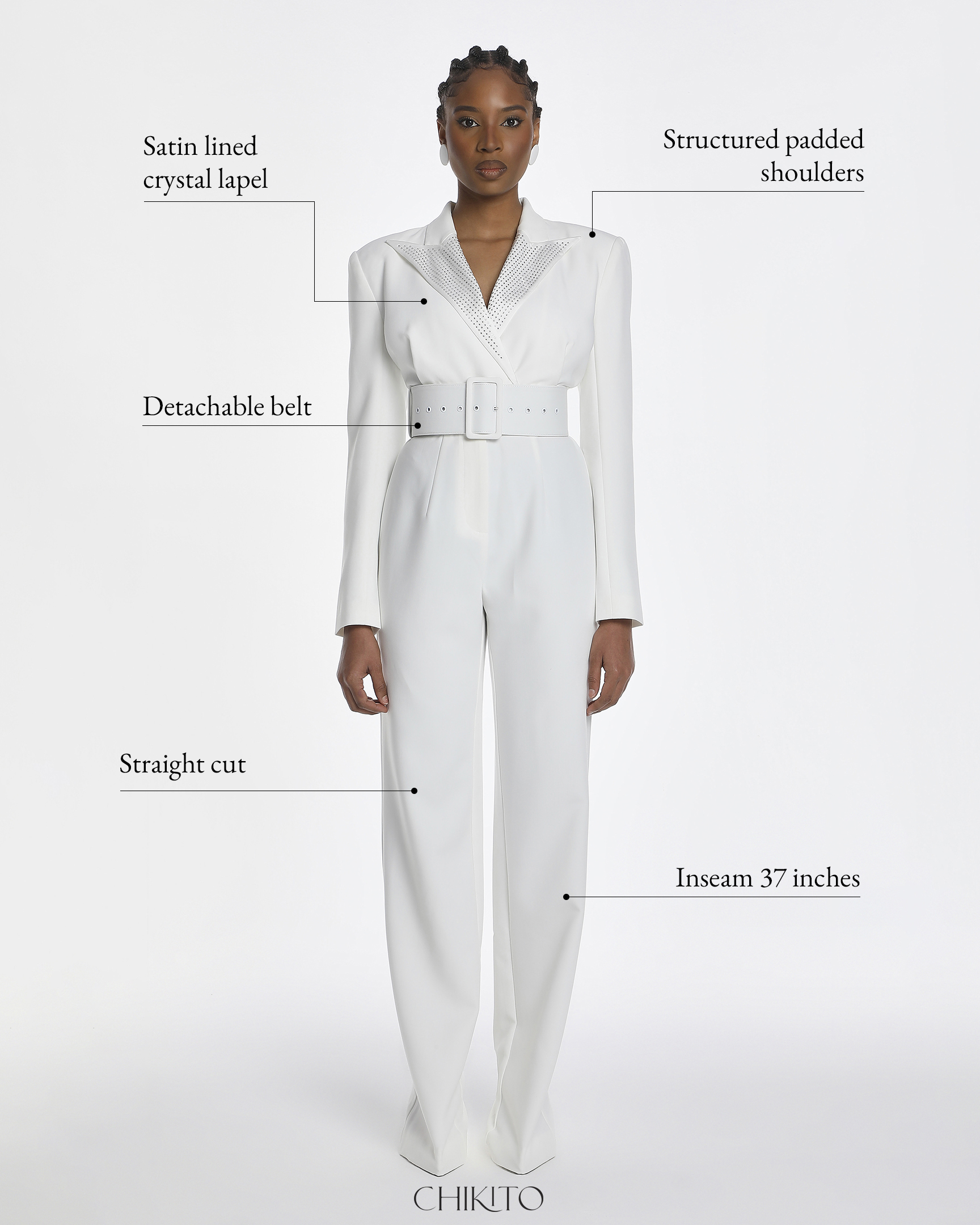 Amaal Rhinestone Collar Crepe Belted Jumpsuit In White