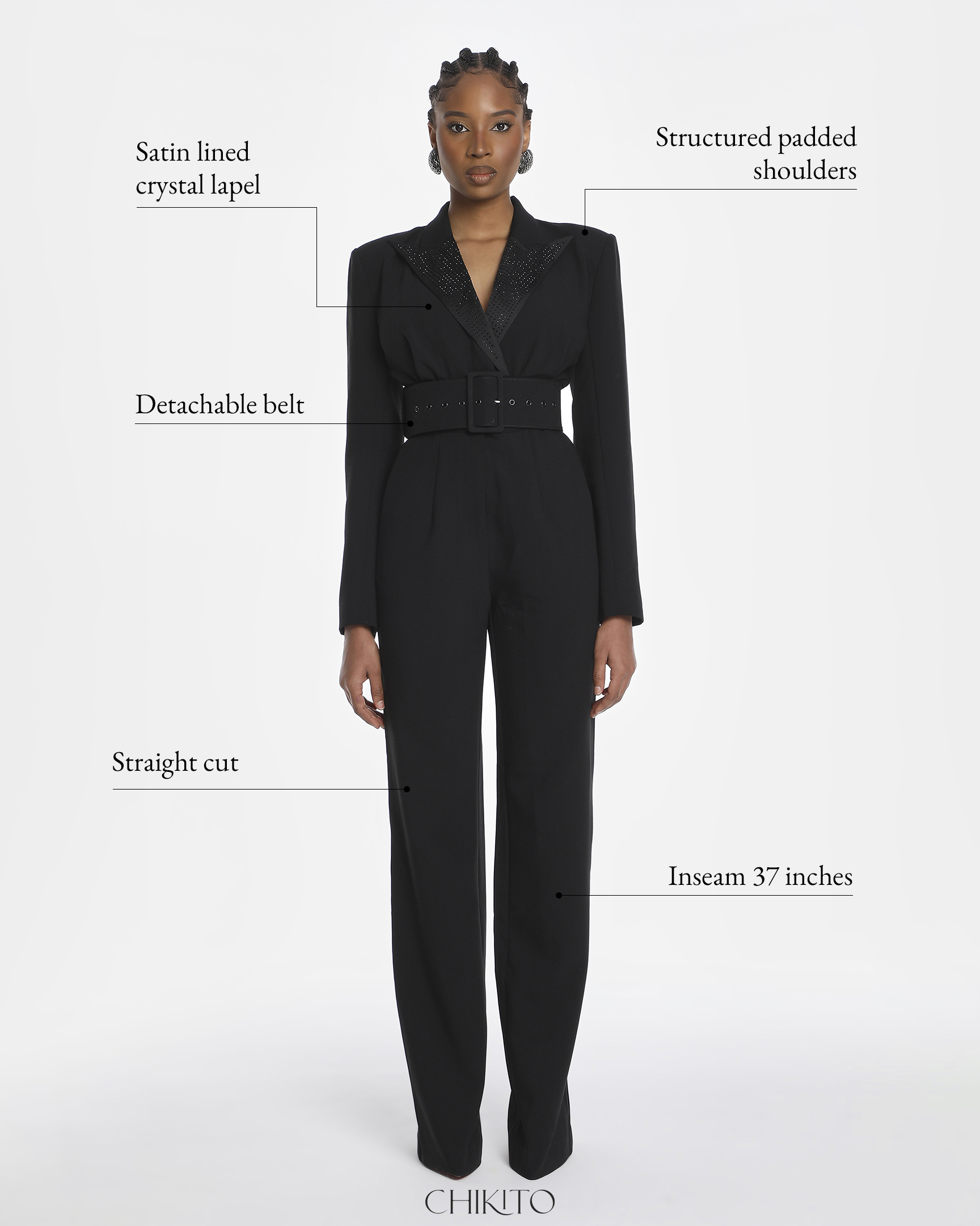 Amaal Rhinestone Collar Crepe Belted Jumpsuit In Black