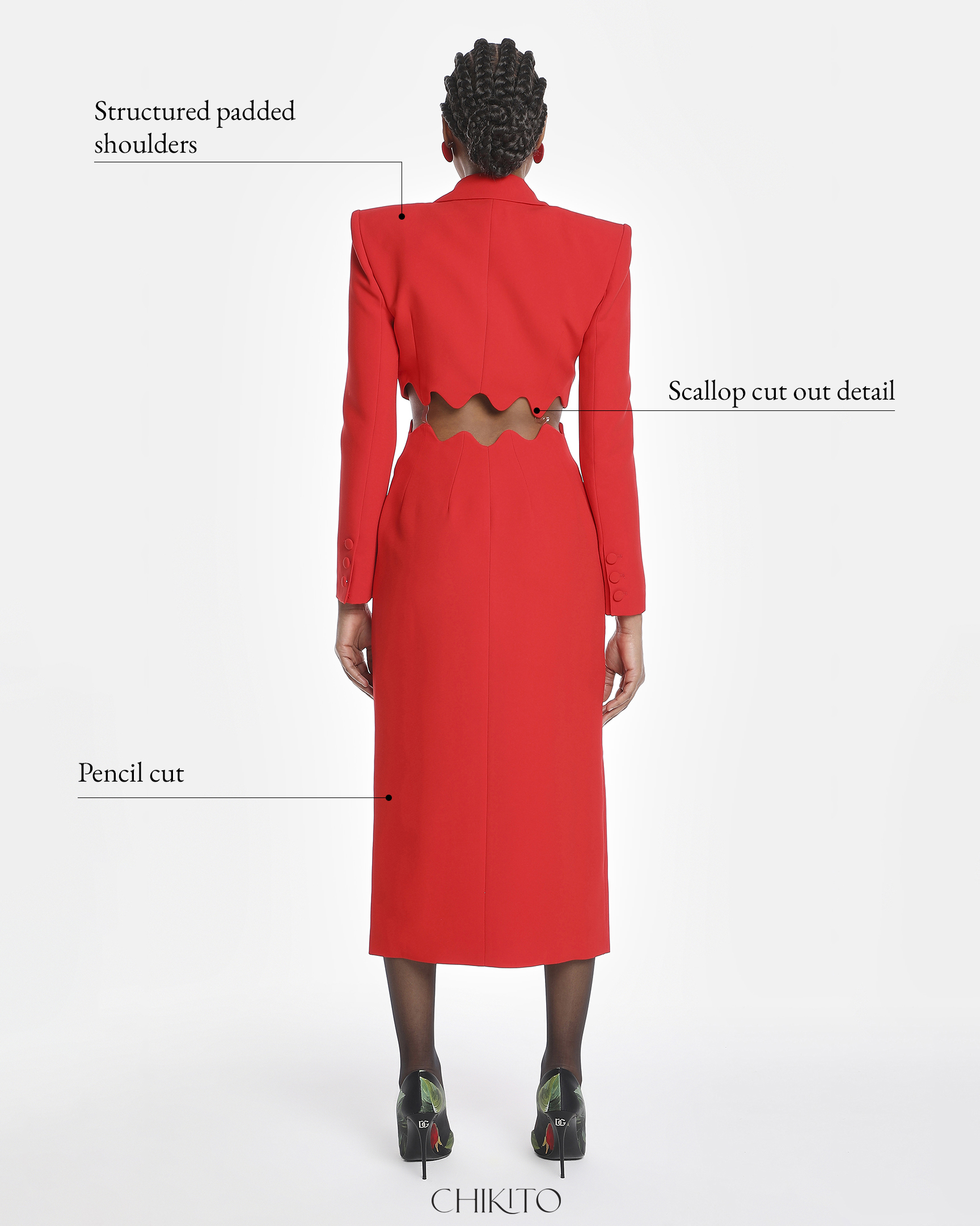 Imane Scallop Crepe Cut Out Midi Dress In Red