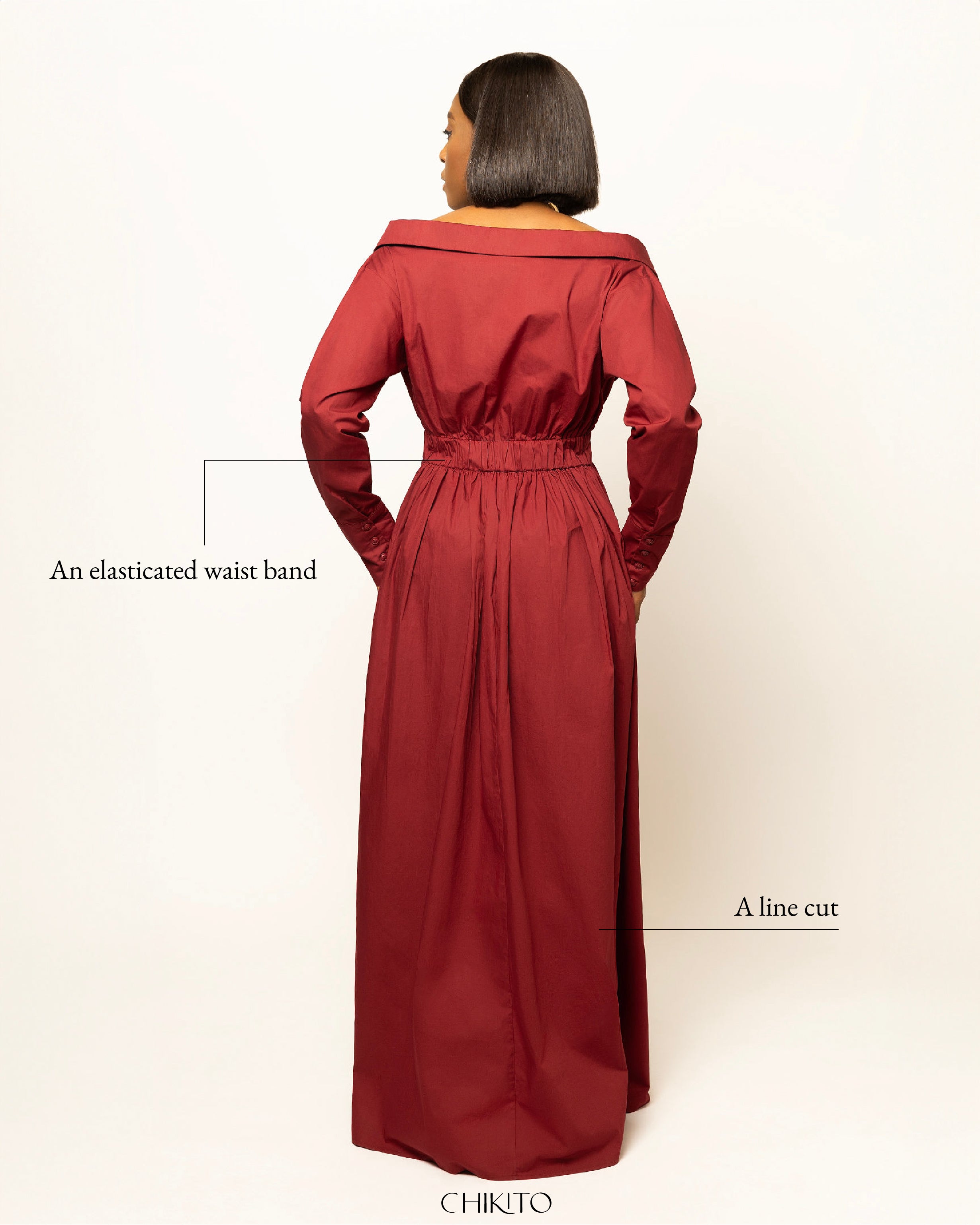 Ada Off Shoulder Cotton Maxi Length Shirt Dress In Burgundy