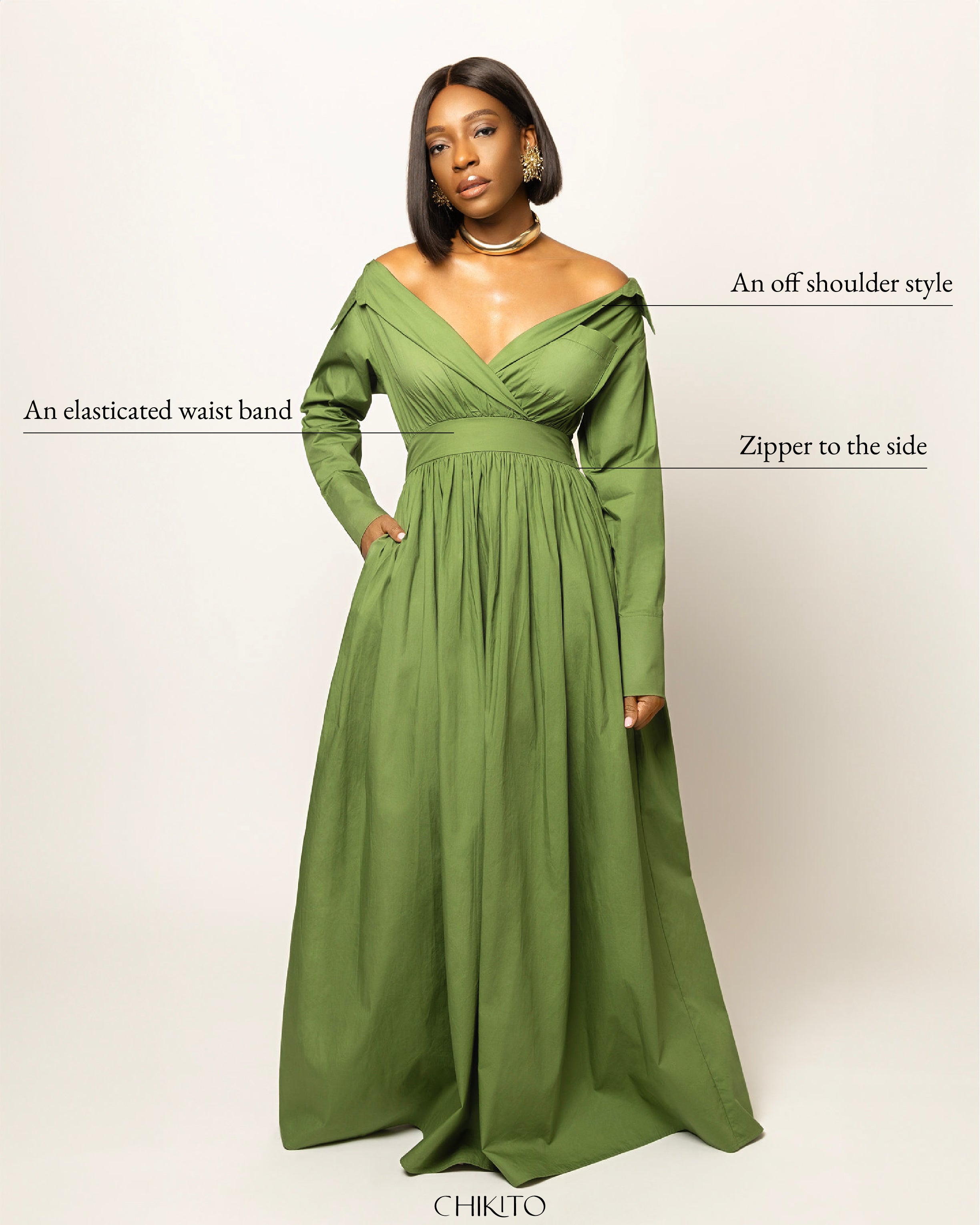 Ada Off Shoulder Cotton Maxi Length Shirt Dress- Green