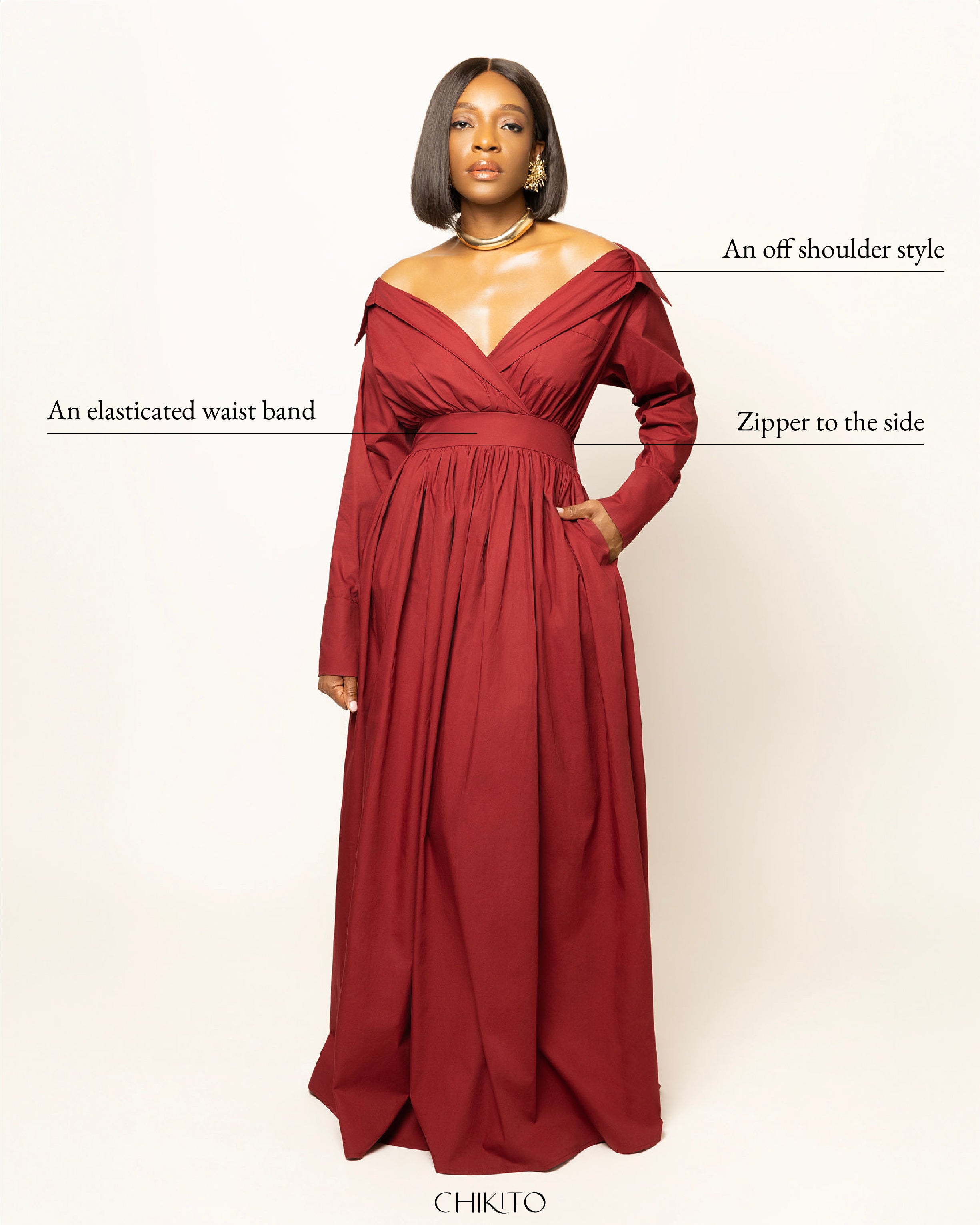 Ada Off Shoulder Cotton Maxi Length Shirt Dress In Burgundy