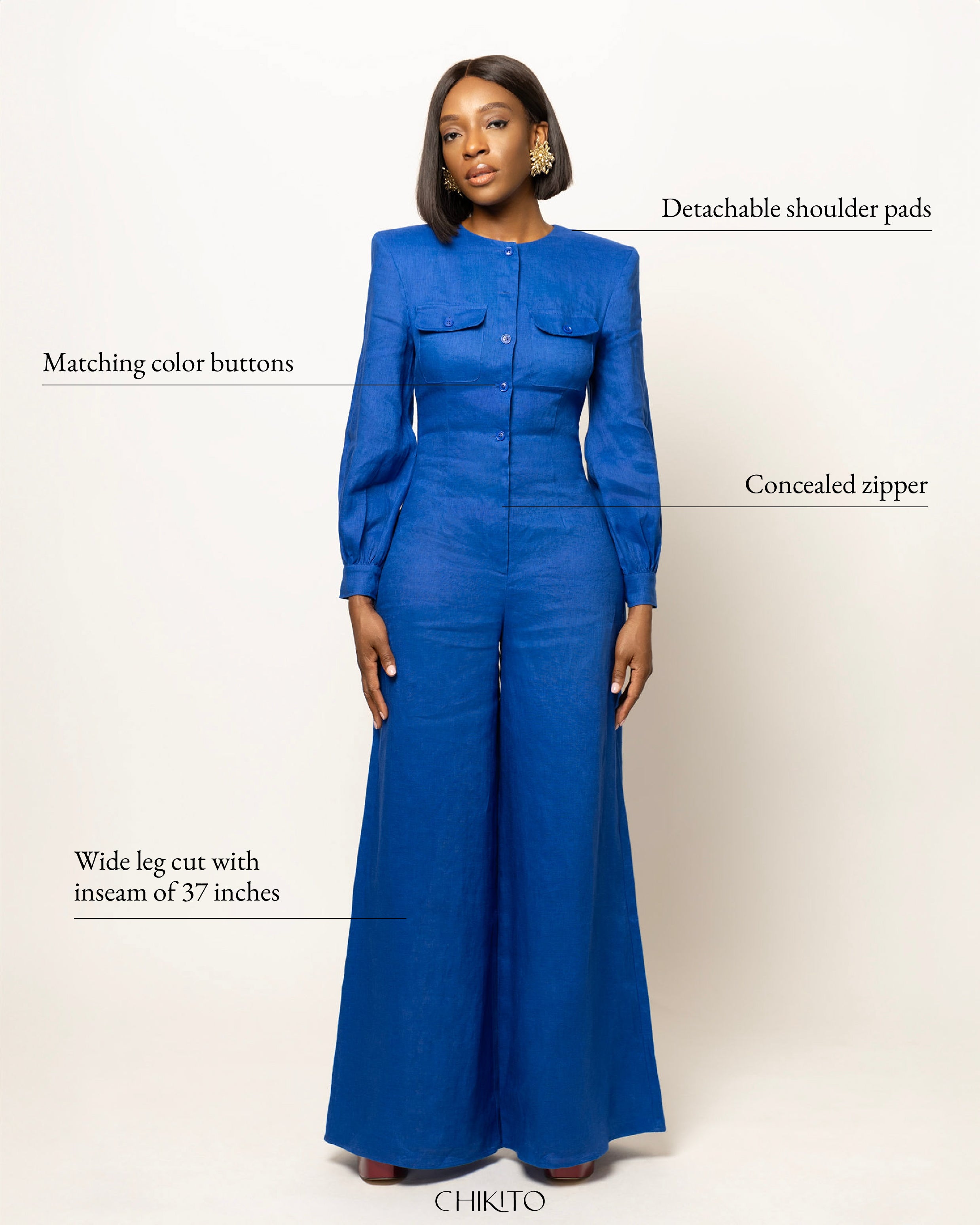 Sasha Wide Leg Linen Jumpsuit With Shoulder Pads In Blue