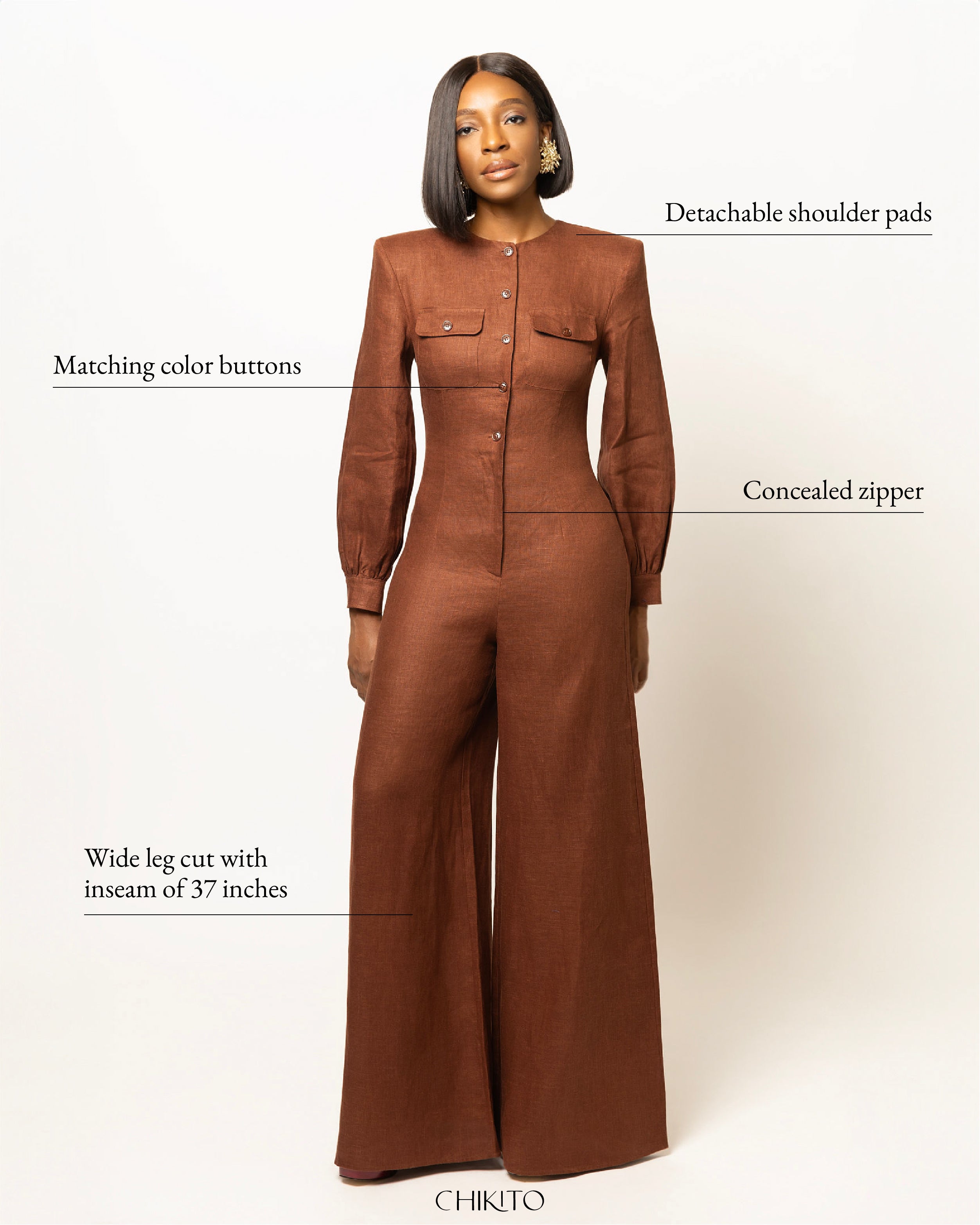 Sasha Wide Leg Linen Jumpsuit With Shoulder Pads- Cocoa