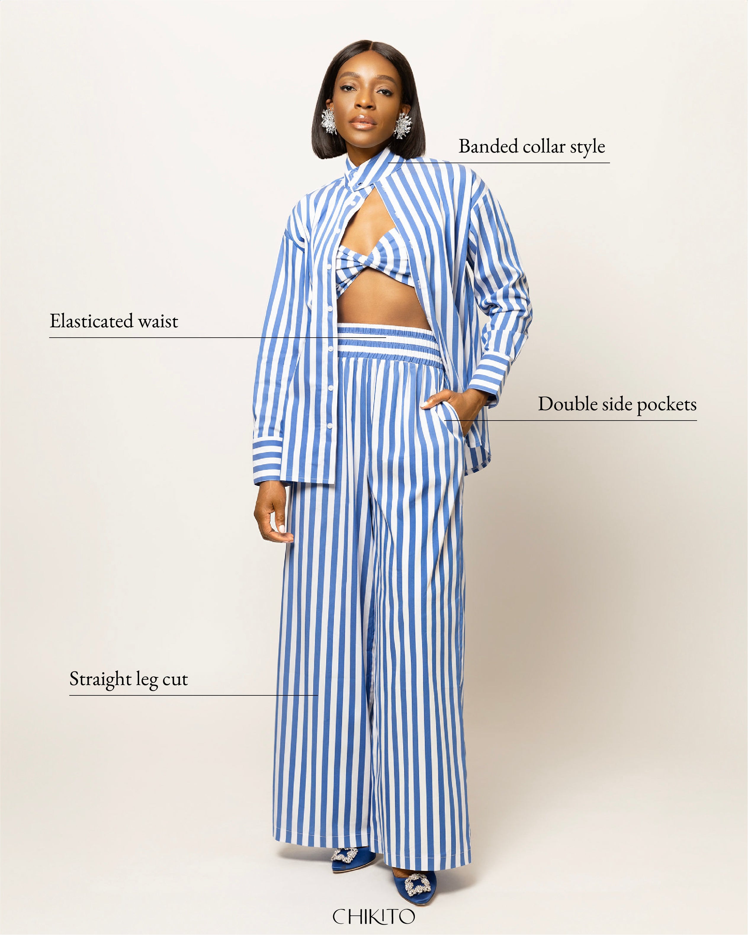 Alexa Striped Cotton Poplin 3-piece pants Co-ord In Blue (SHIRT, BRALETTE & PANTS)