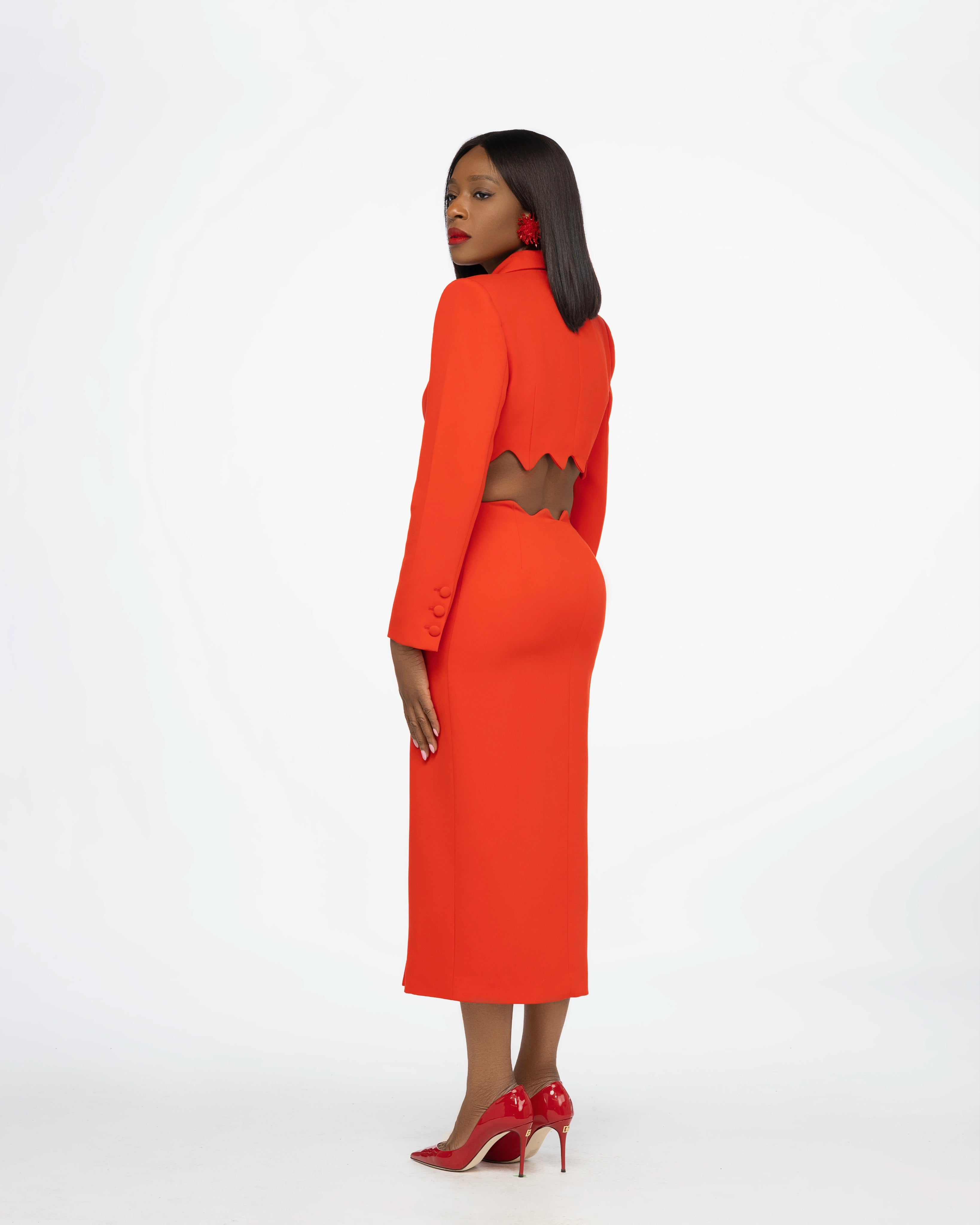 Imane Scallop Crepe Cut Out Midi Dress In Red