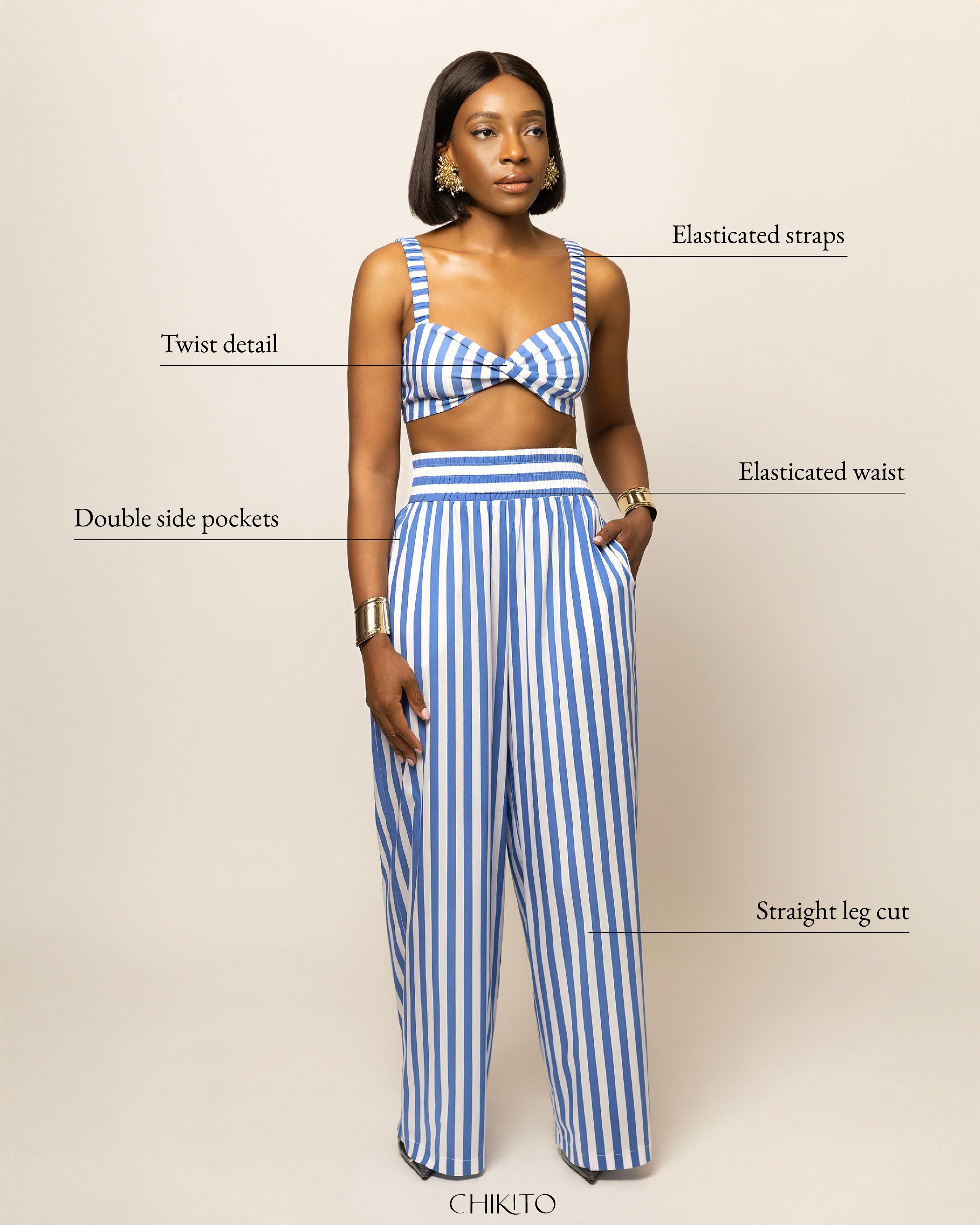 Alexa Striped Cotton Poplin 3-piece pants Co-ord In Blue (SHIRT, BRALETTE & PANTS)
