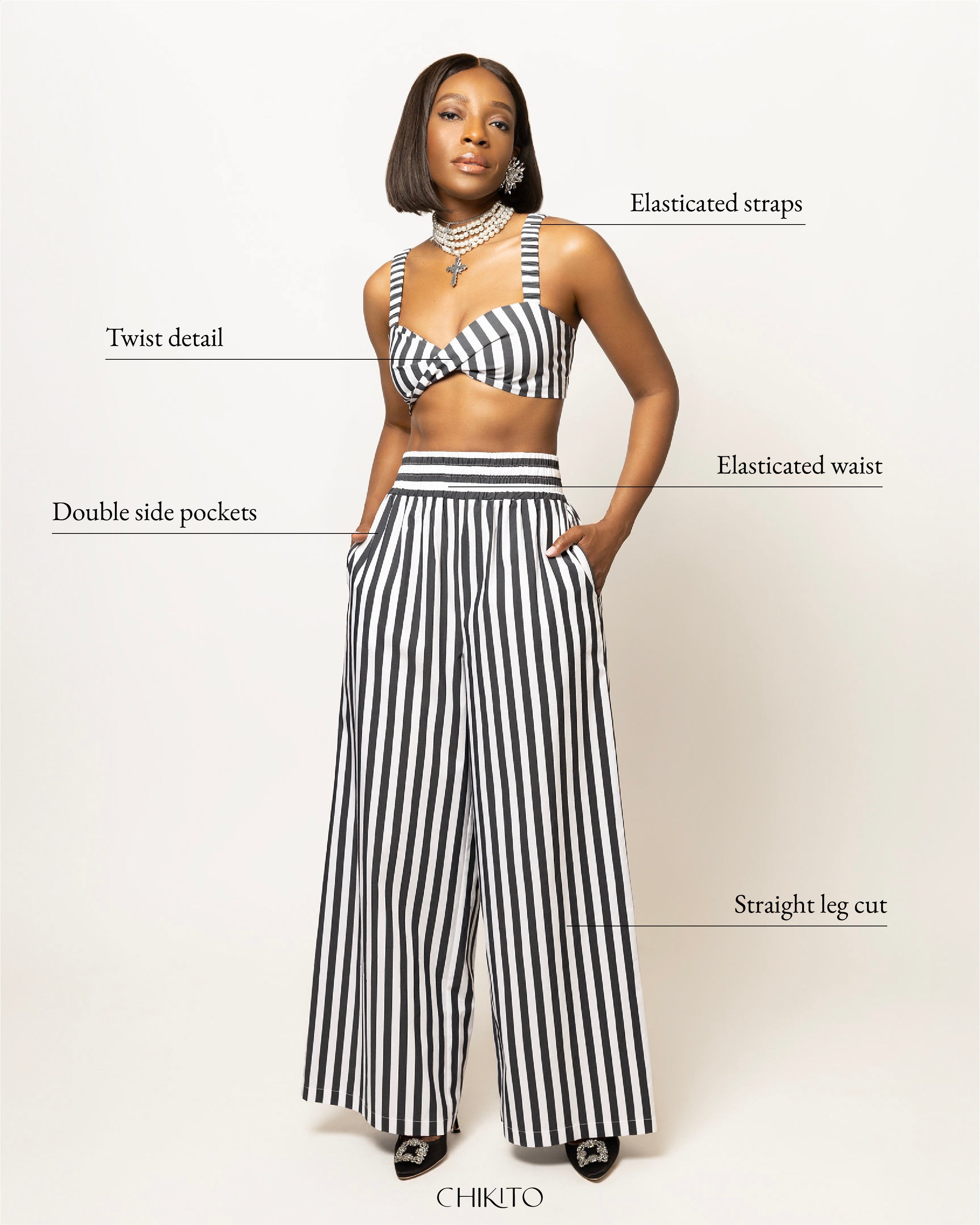 Alexa Striped Cotton Poplin 3-piece pants Co-ord In Black (SHIRT, BRALETTE & PANTS)