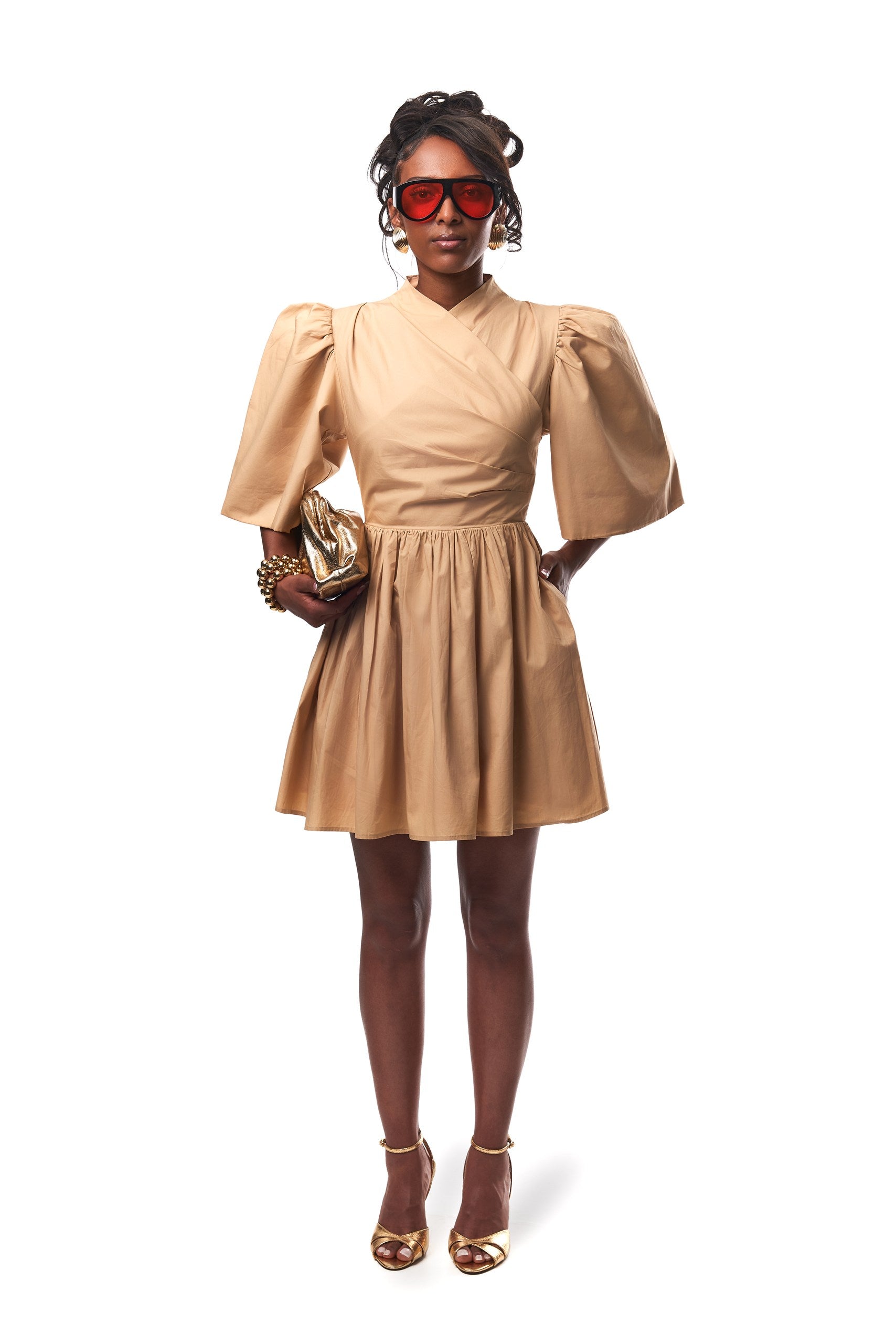 Gozi exaggerated sleeve Cotton Mini Dress In Oat