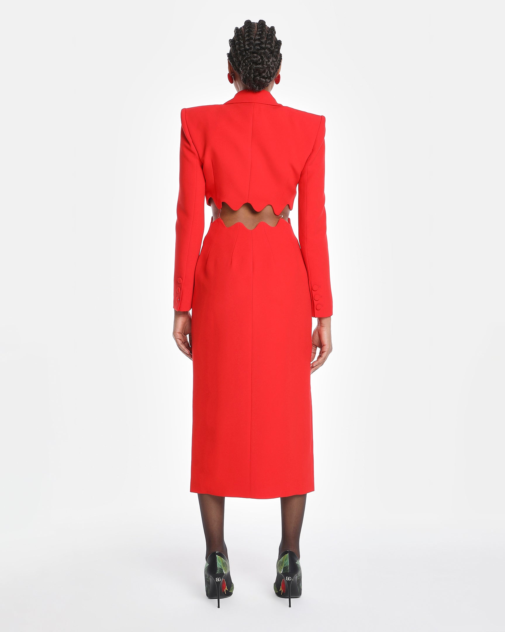 Imane Scallop Crepe Cut Out Midi Dress In Red