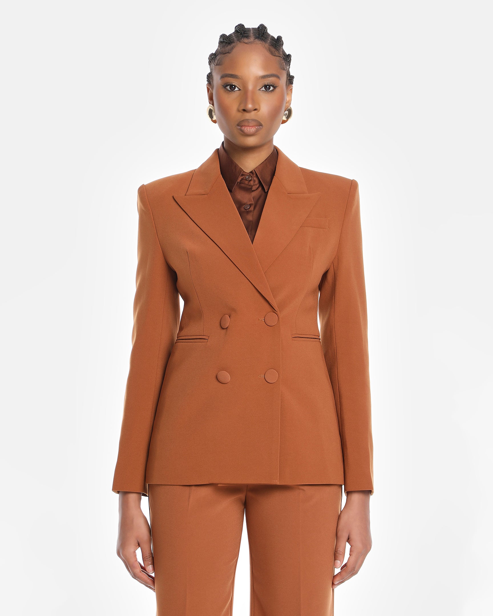 Chikito Crepe Double-Breasted Tailored Suit In Brown (Blazer & Pants)