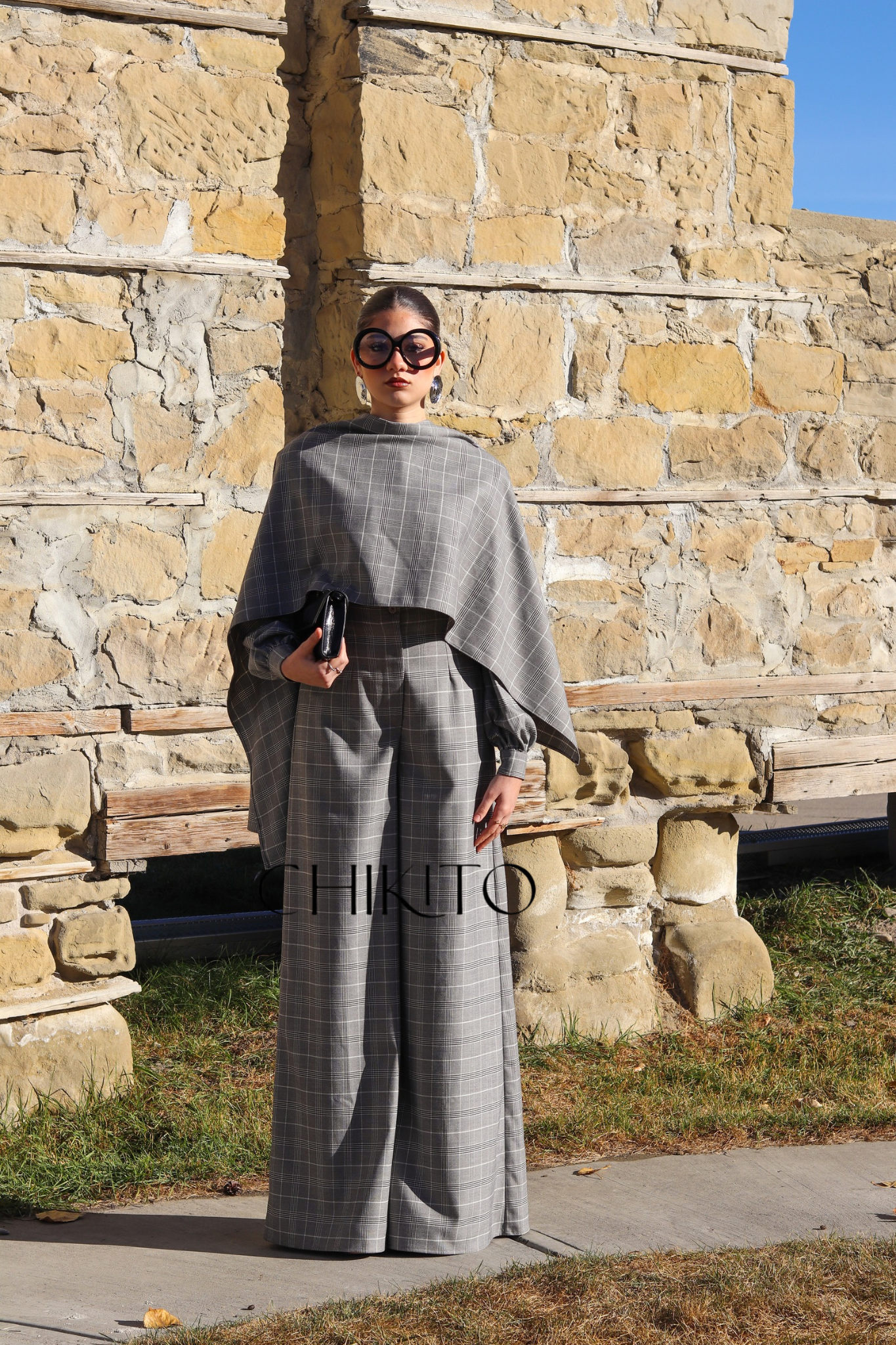 Sasha Wide Leg Check Jumpsuit With Detachable Scarf