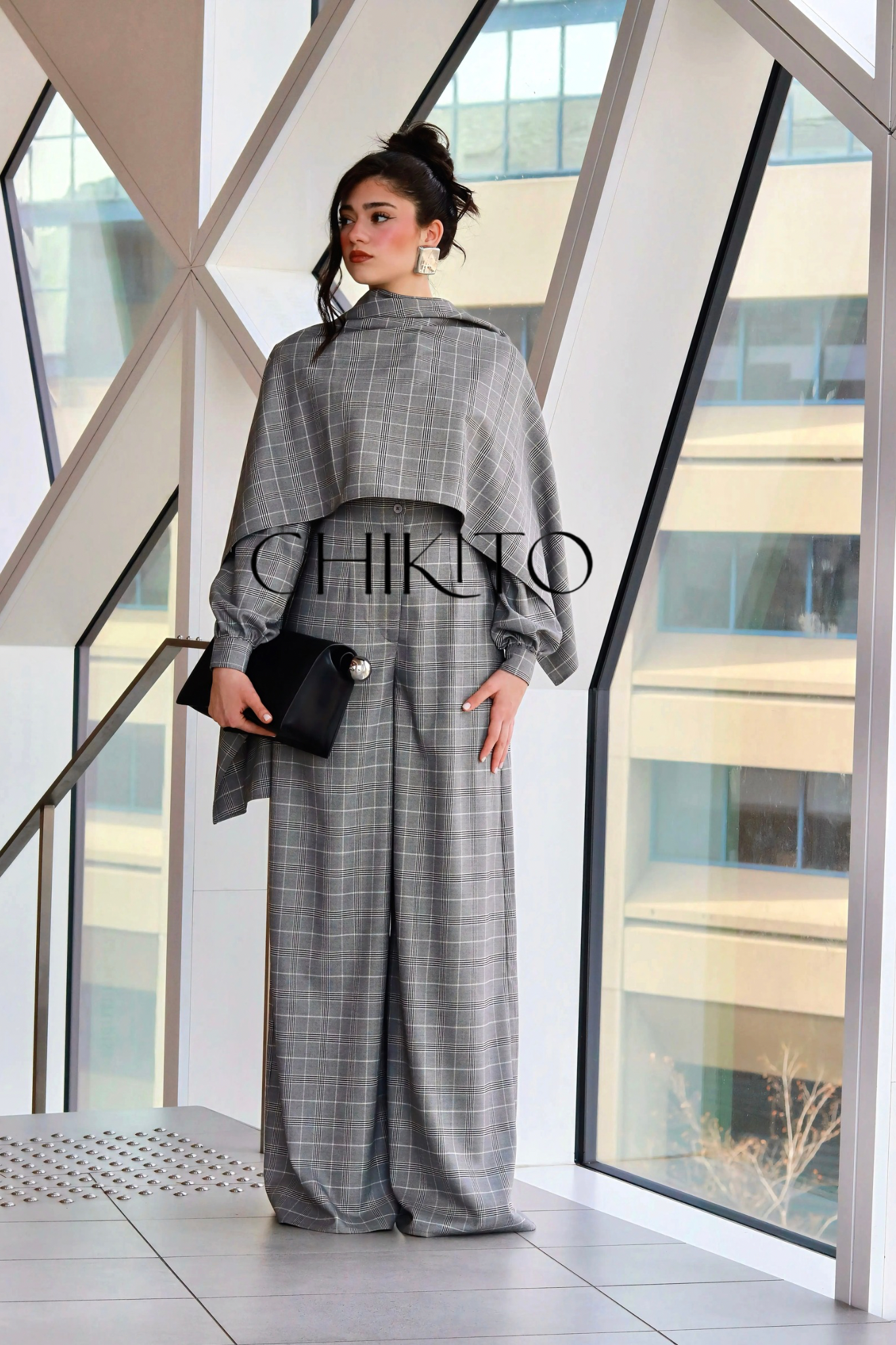 Sasha Wide Leg Check Jumpsuit With Detachable Scarf