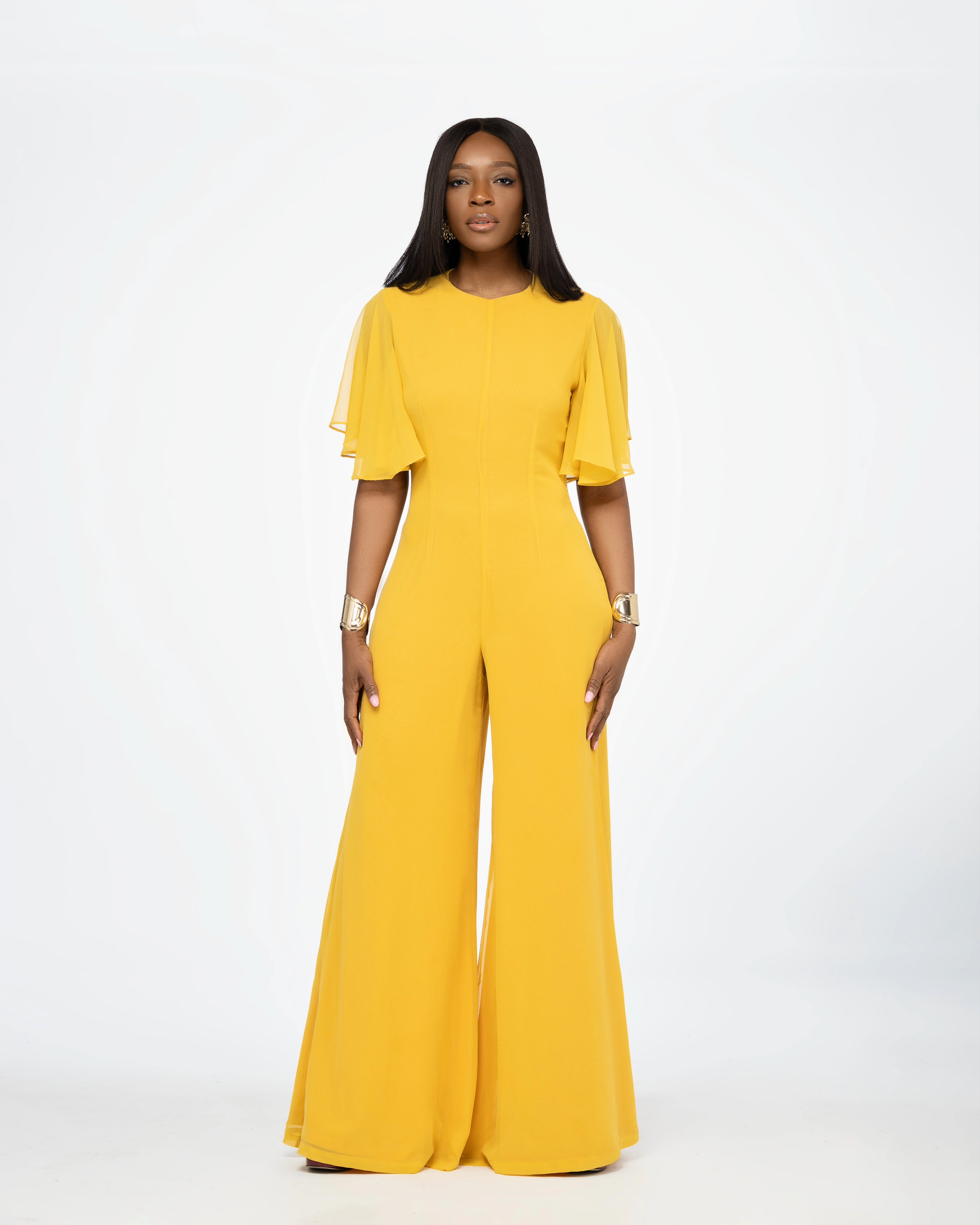 Eli Backless Chiffon Jumpsuit In Yellow