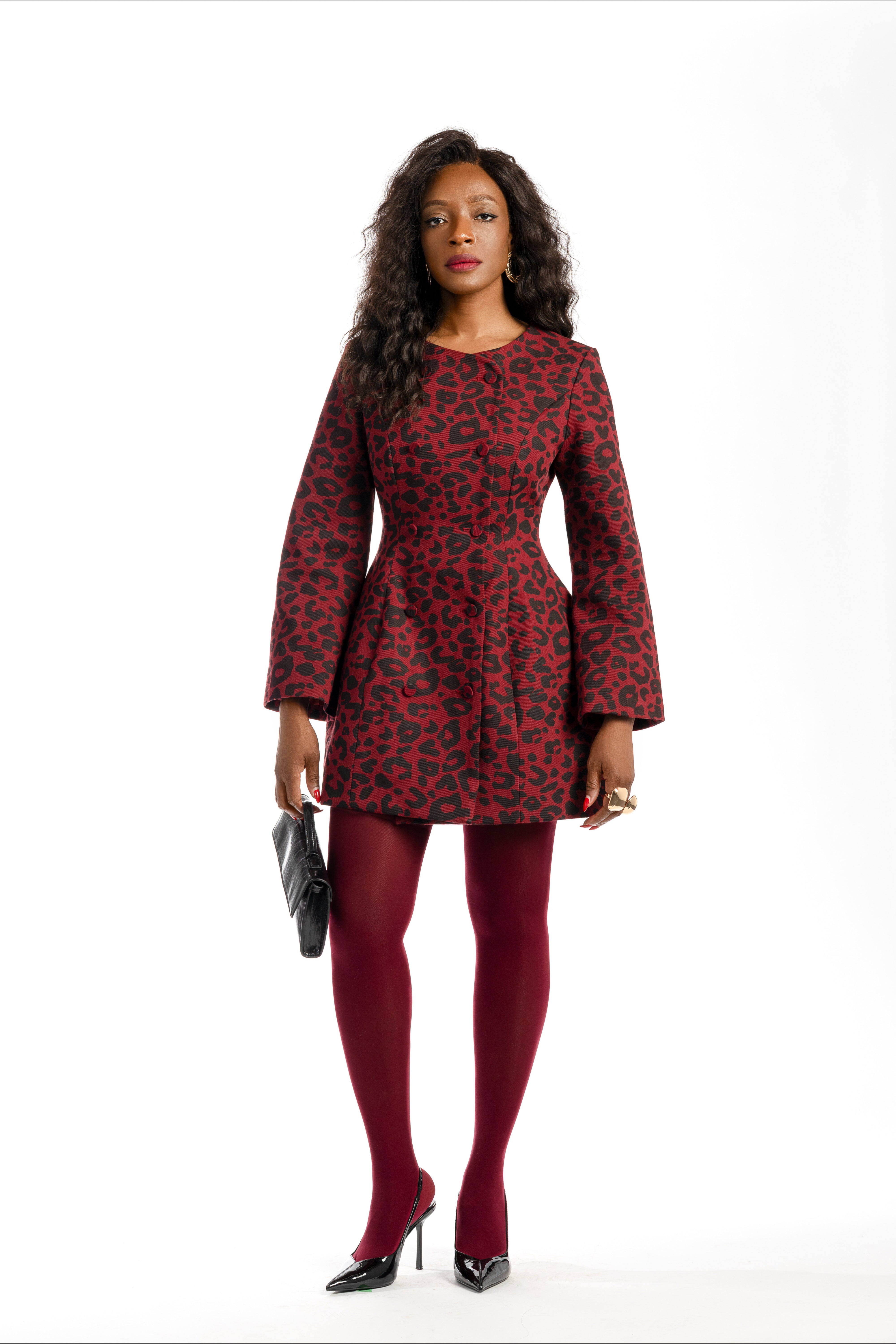 Toni Mini Denim Flared Sleeve Dress In Leopard Print