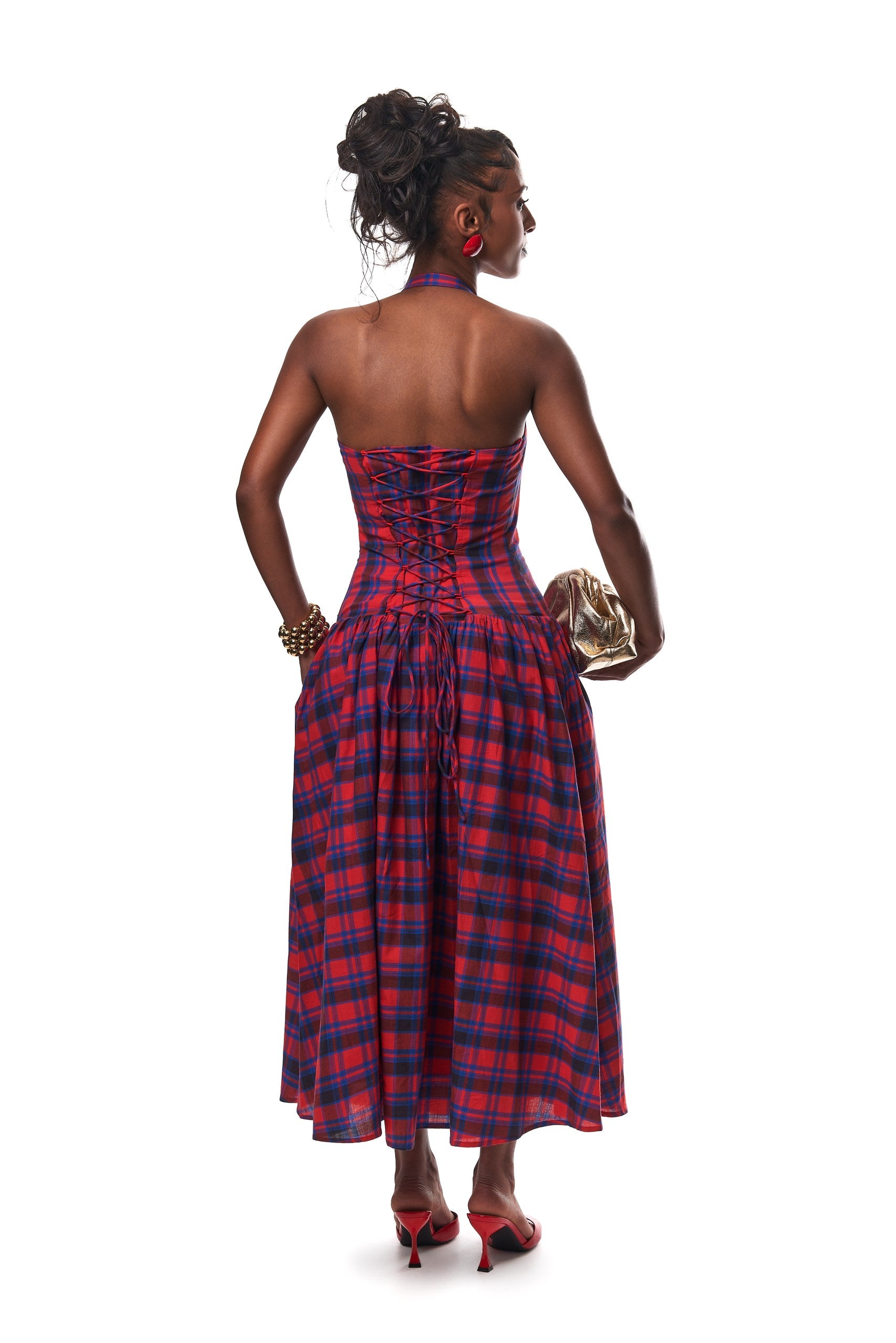 Faith Corset Plaid Midi Cotton Dress With Boning.