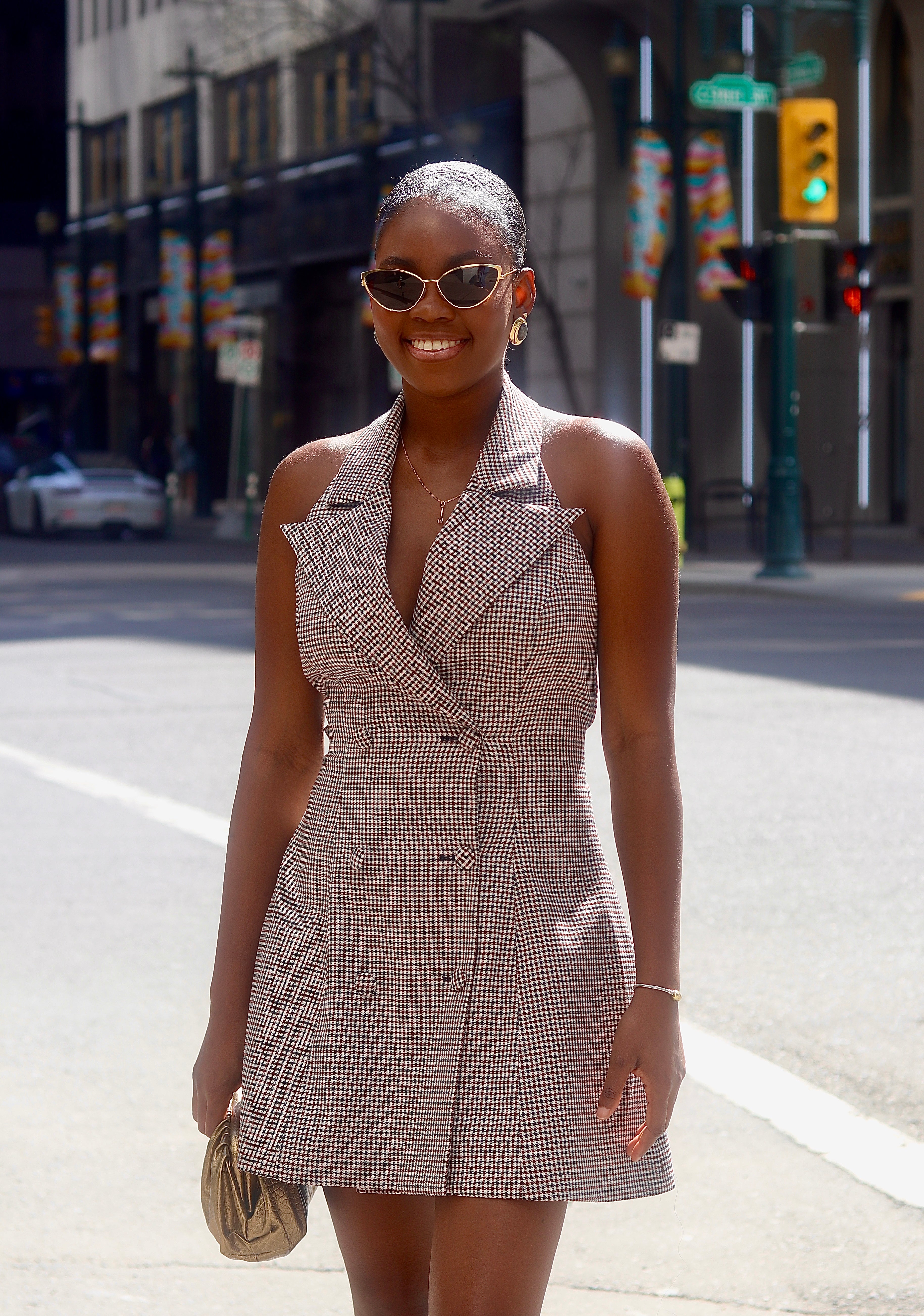 Claudia Check Halter neck belted mini dress