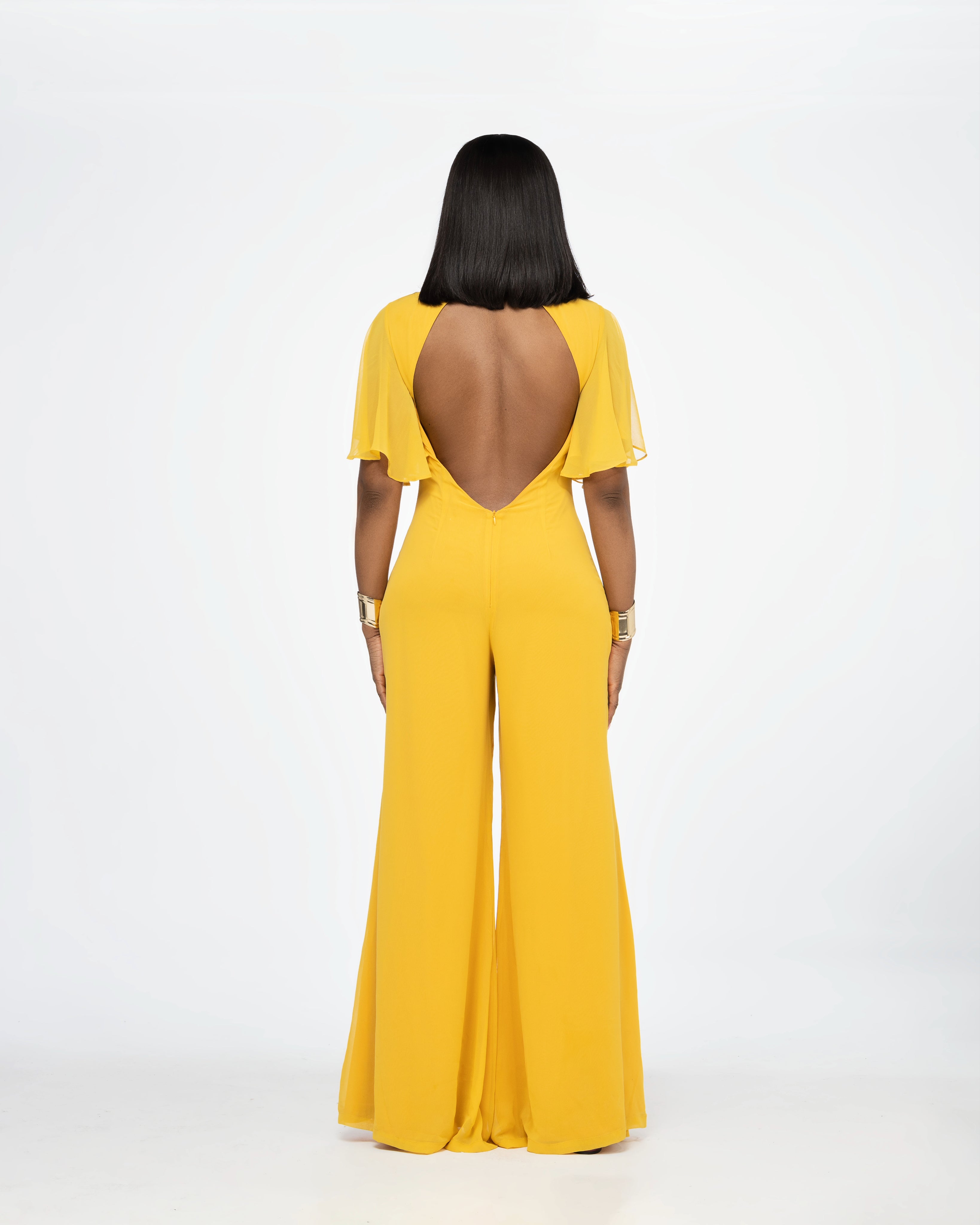 Eli Backless Chiffon Jumpsuit In Yellow