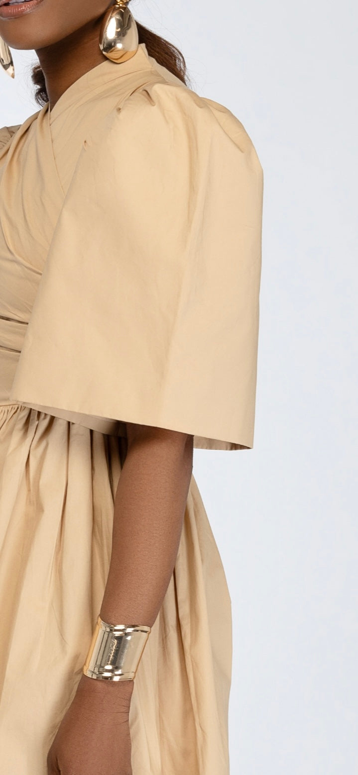 Gozi exaggerated sleeve Cotton Mini Dress In Oat
