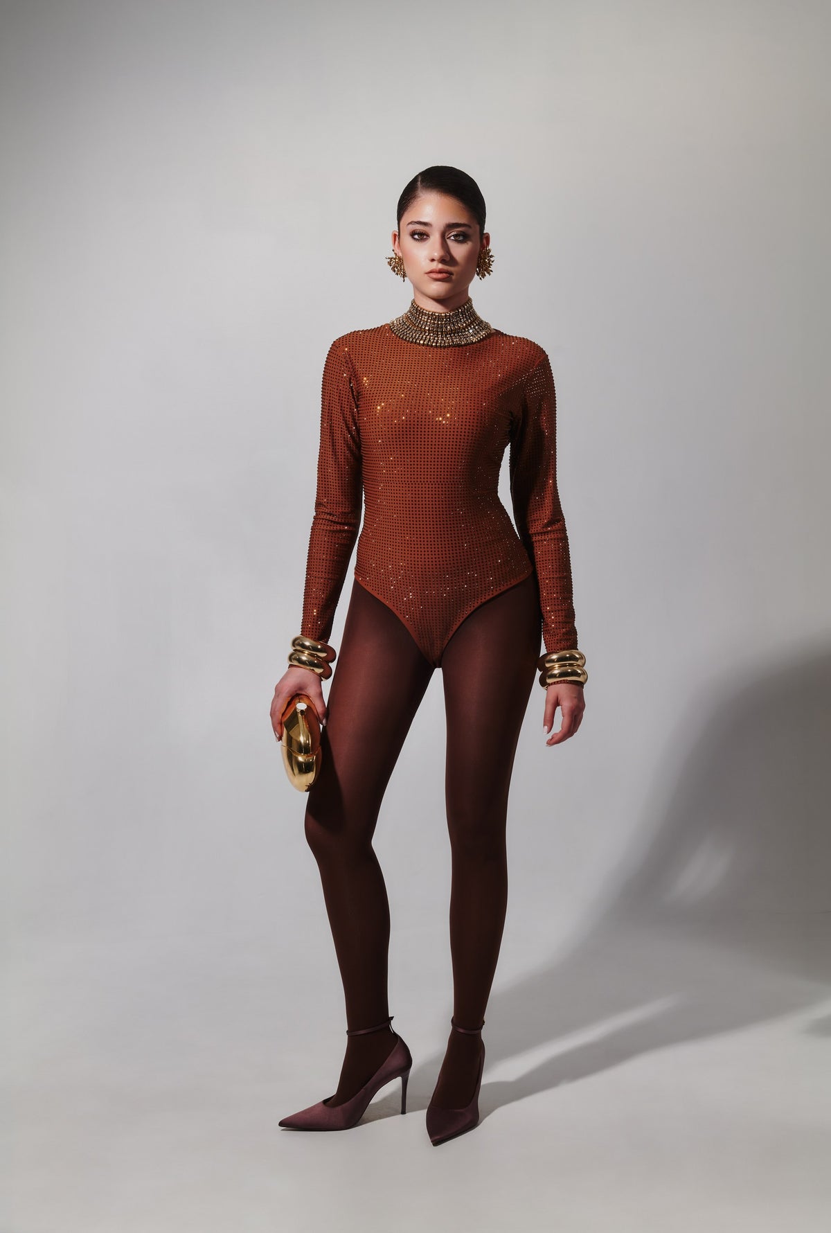 Gina Crystal Embellished stretch Bodysuit In Cocoa
