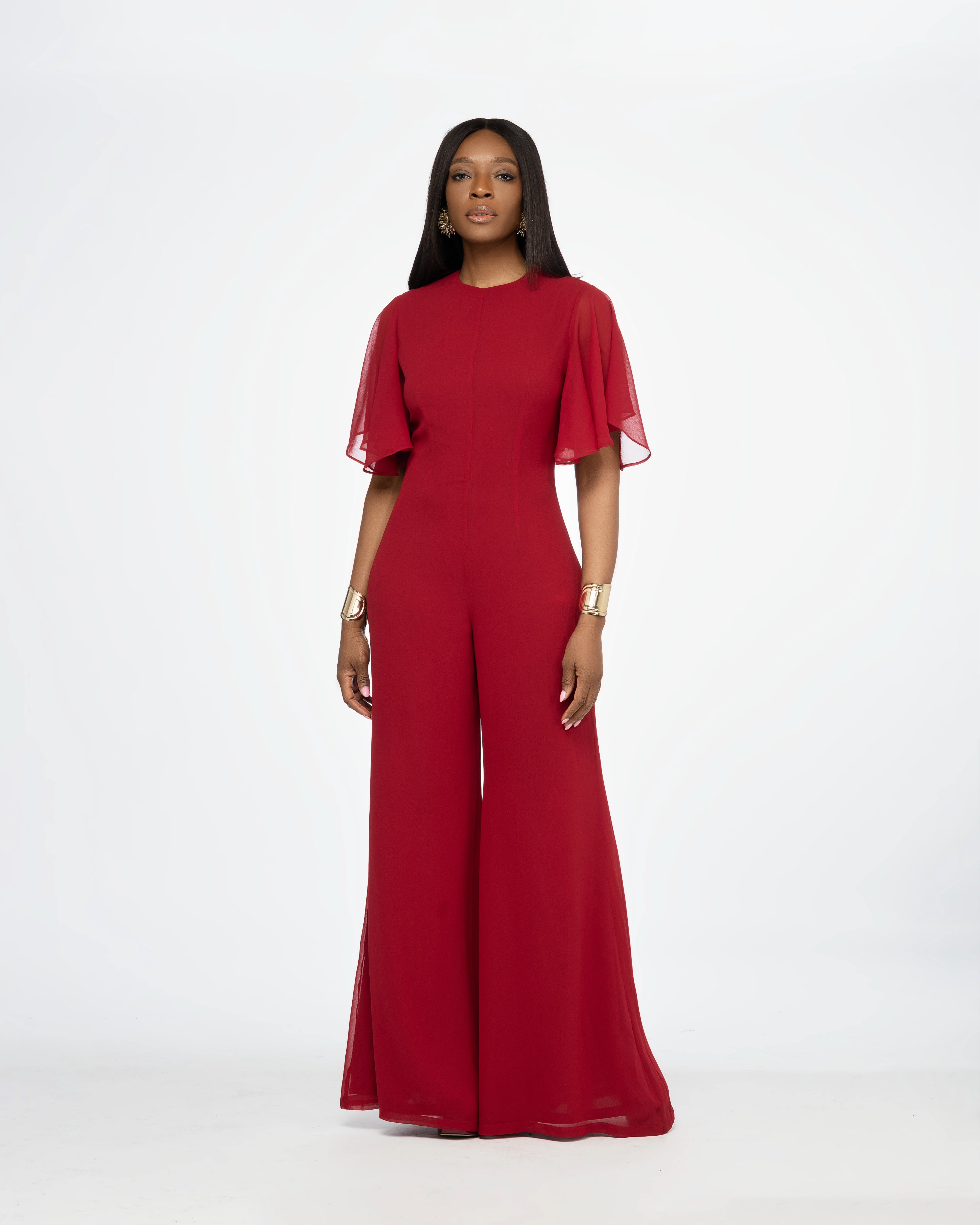 Eli Backless Chiffon Jumpsuit In Red