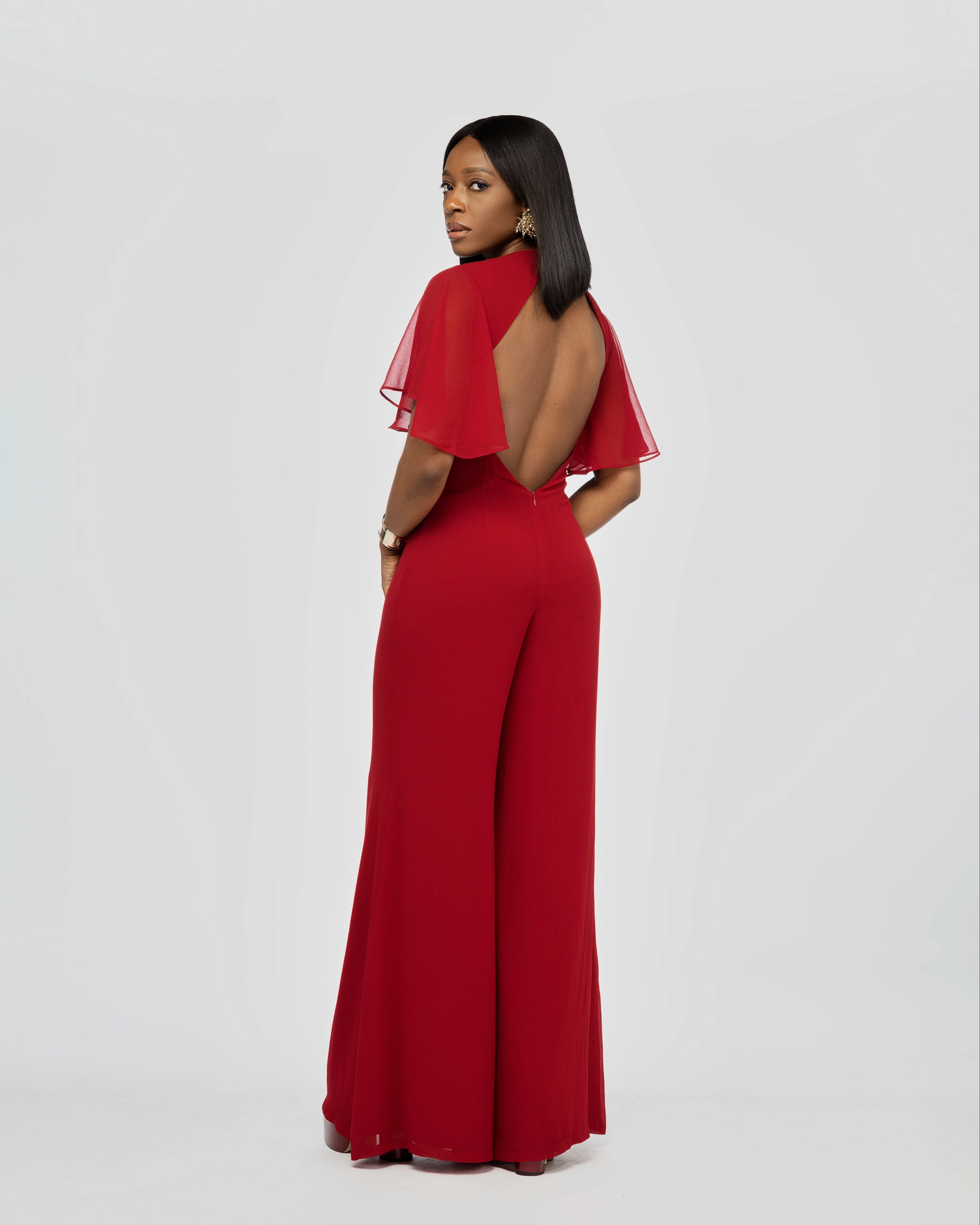 Eli Backless Chiffon Jumpsuit In Red