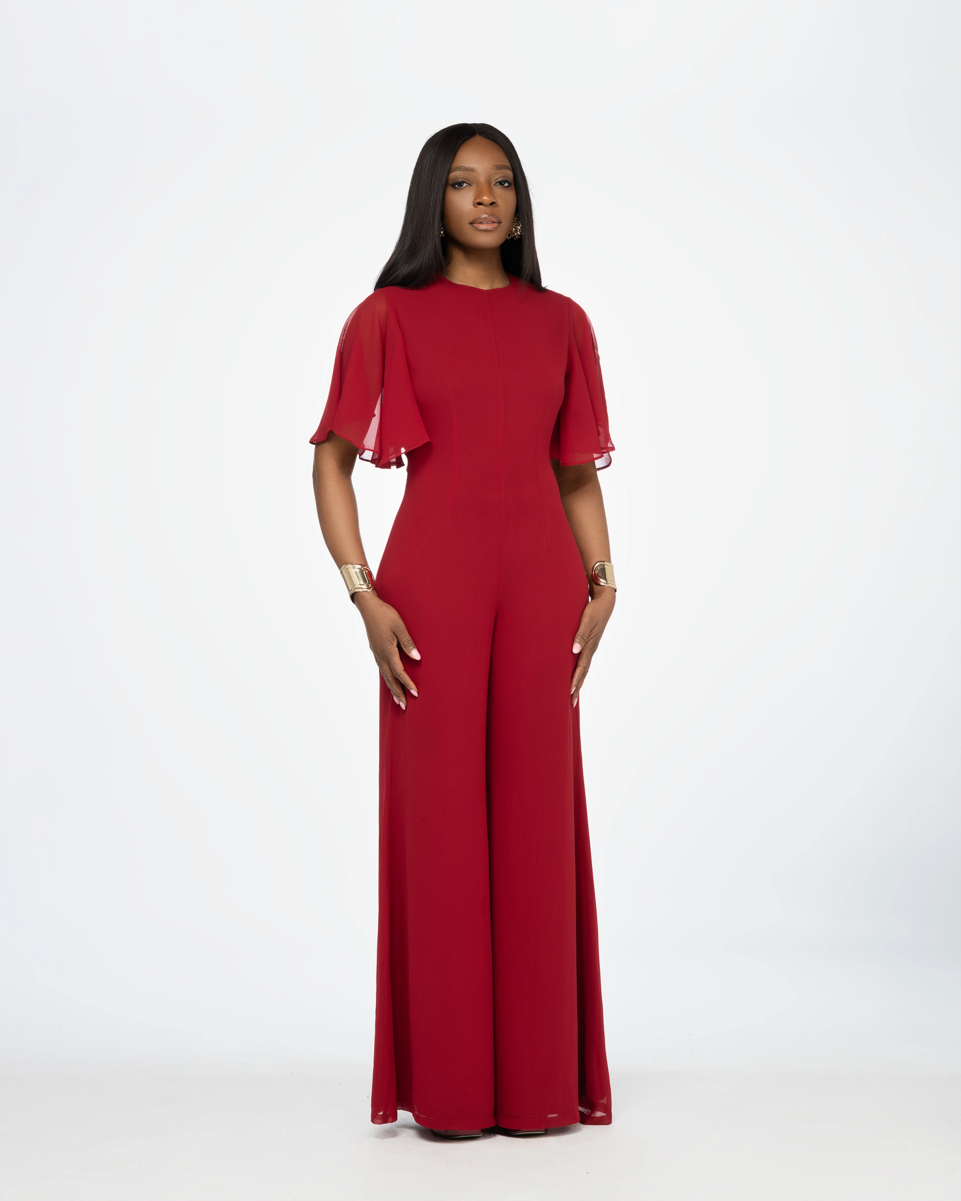 Eli Backless Chiffon Jumpsuit In Red